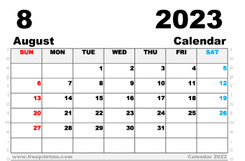 Free Printable August 2023 Calendar A5 Wide Landscape
