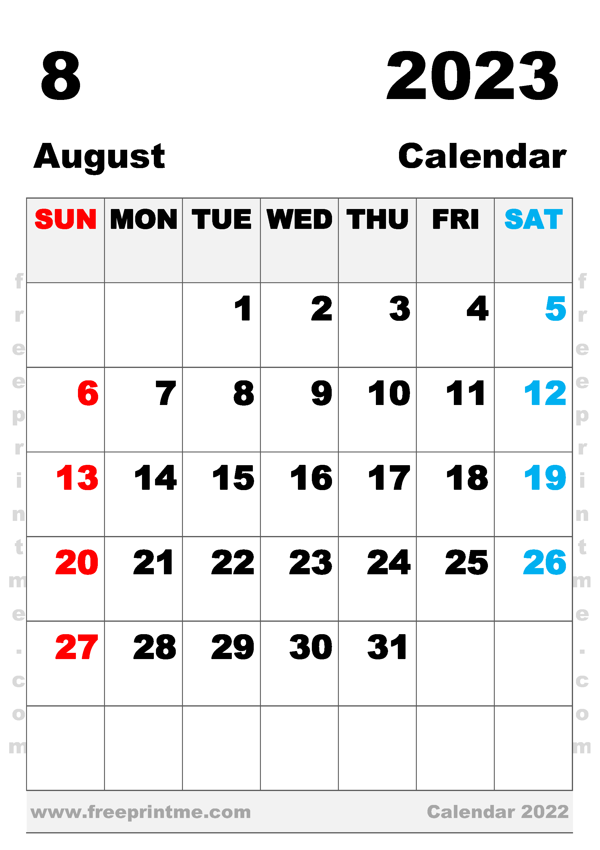 Free Printable August 2023 Calendar B4 Portrait