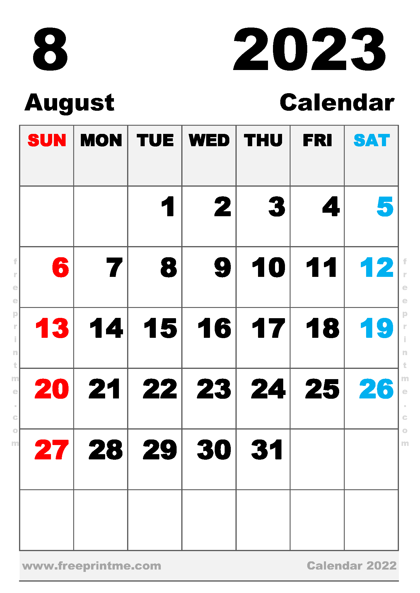 Free Printable August 2023 Calendar B5 Portrait