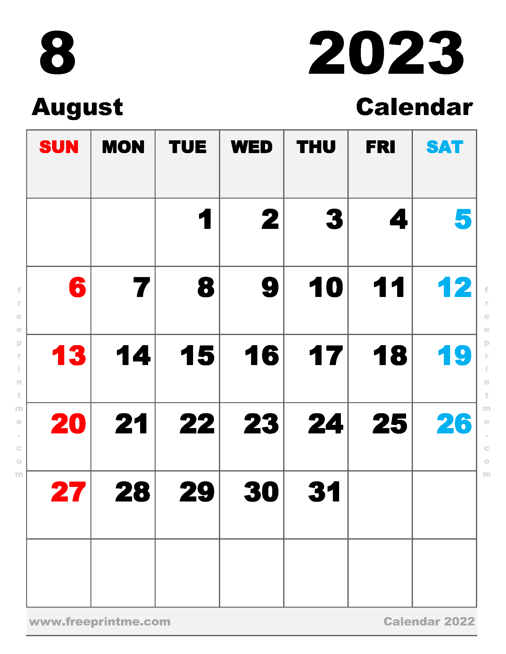 Free Printable August 2023 Calendar Letter Landscape