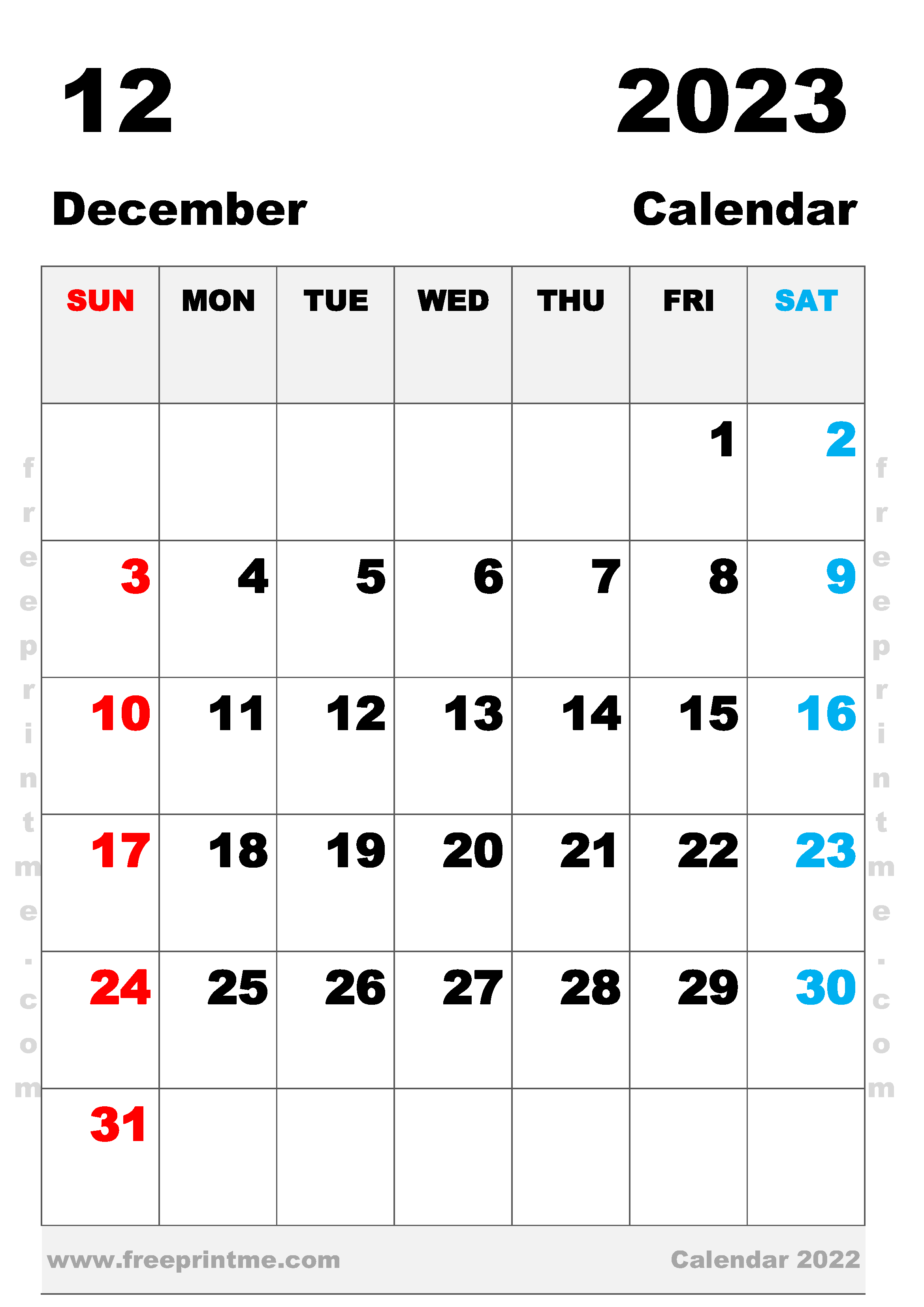 Free Printable December 2023 Calendar A3 Portrait