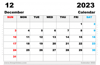 December 2023 Calendar Printable A3 Wide Landscape