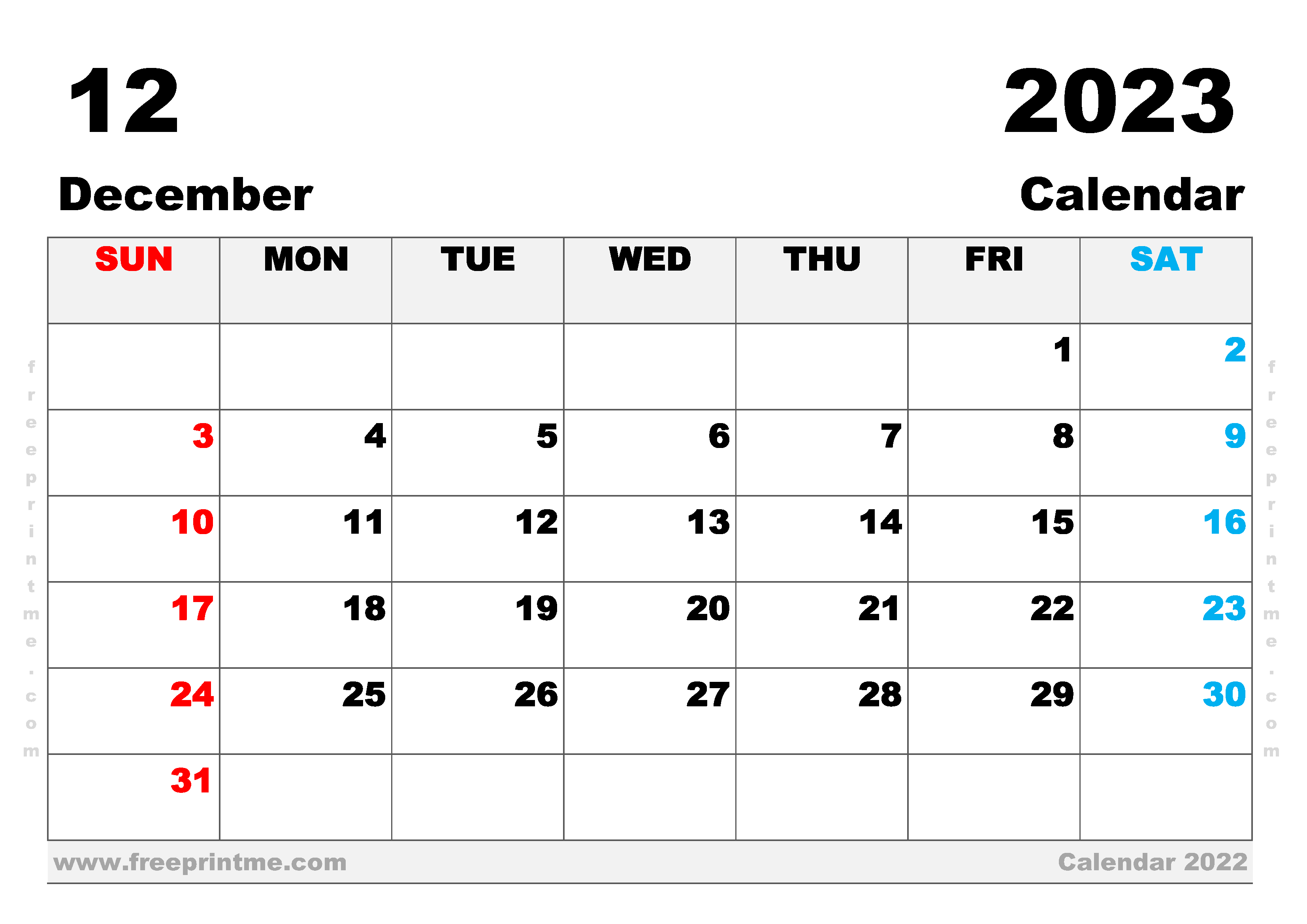 December 2023 Calendar Printable A3 Wide Landscape