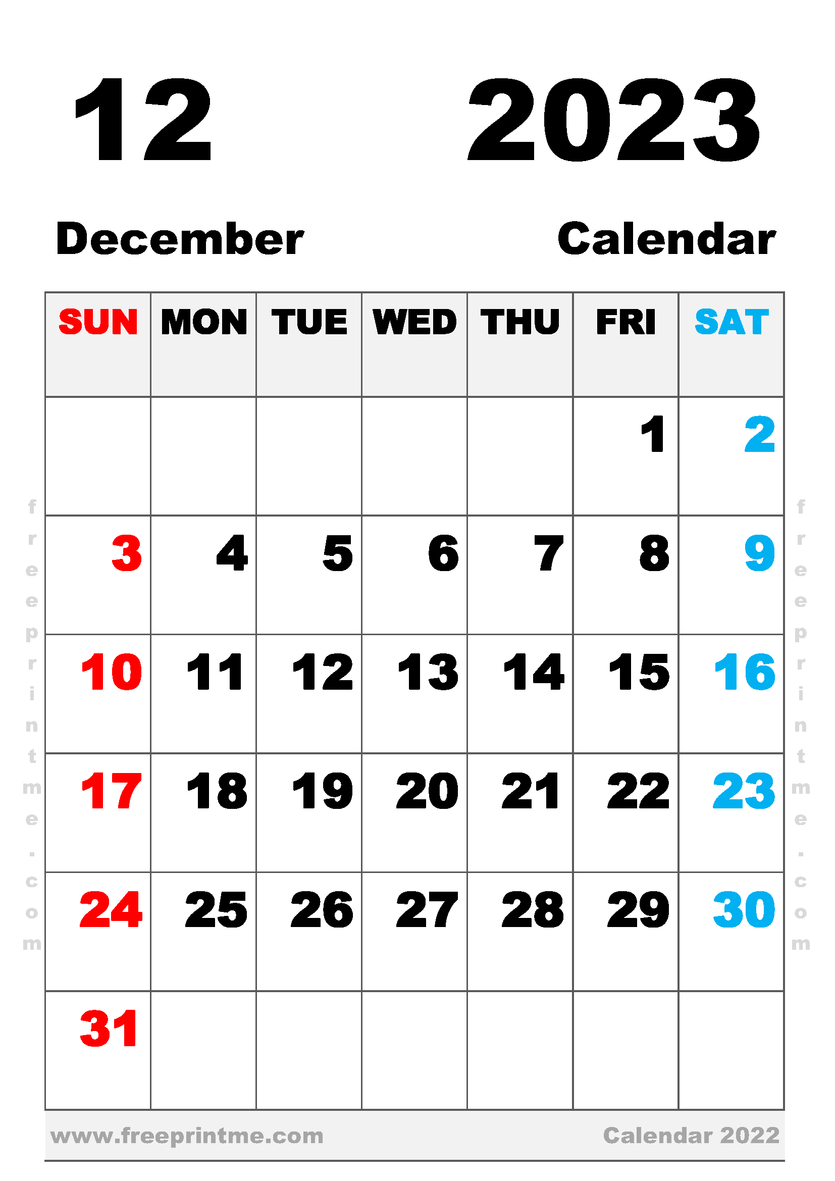 Printable December 2023 Calendar A4 Portrait