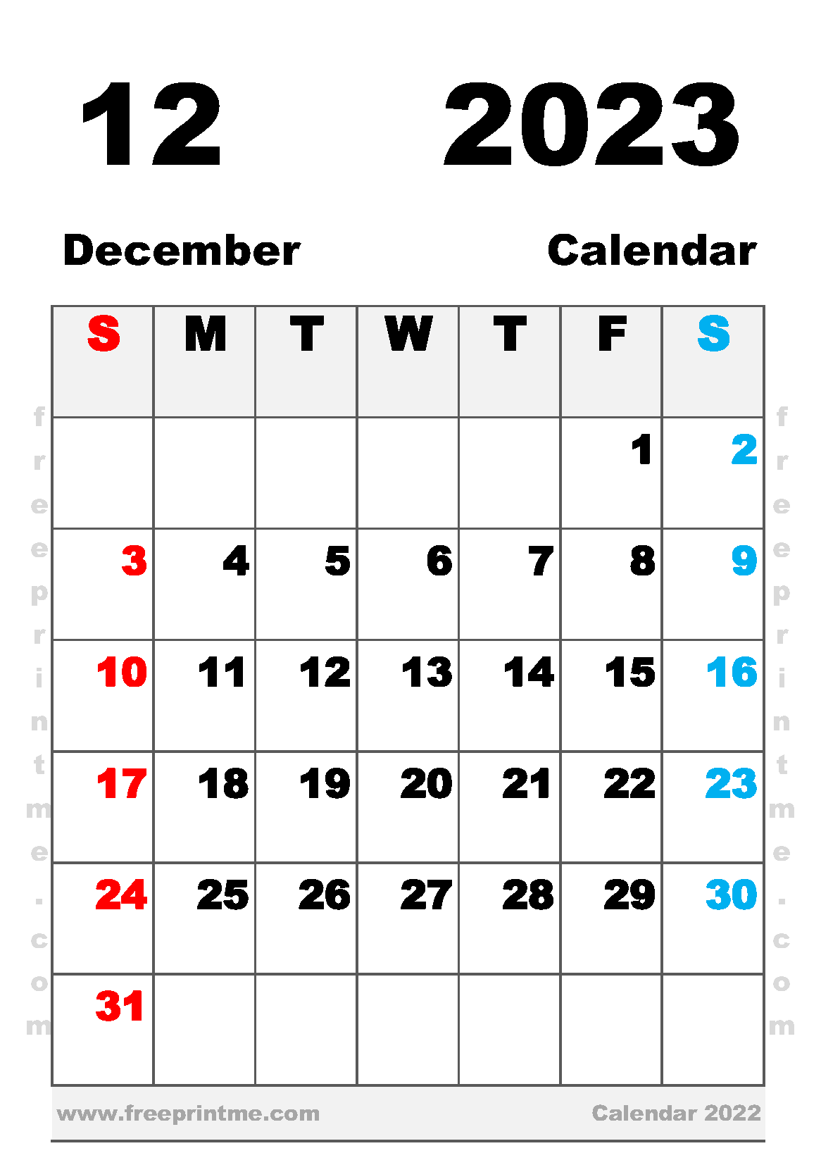 Free Printable December 2023 Calendar A5 Portrait