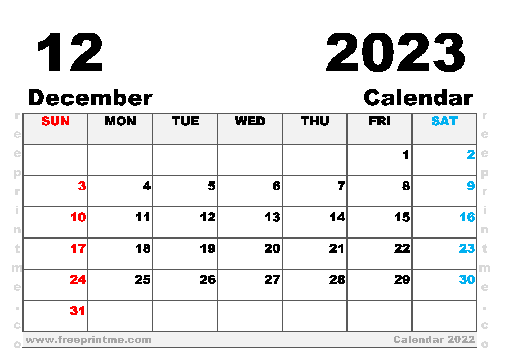 Free Printable December 2023 Calendar A5 Wide Landscape