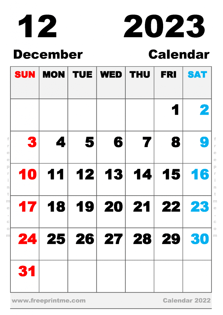 Free Printable December 2023 Calendar B5 Portrait