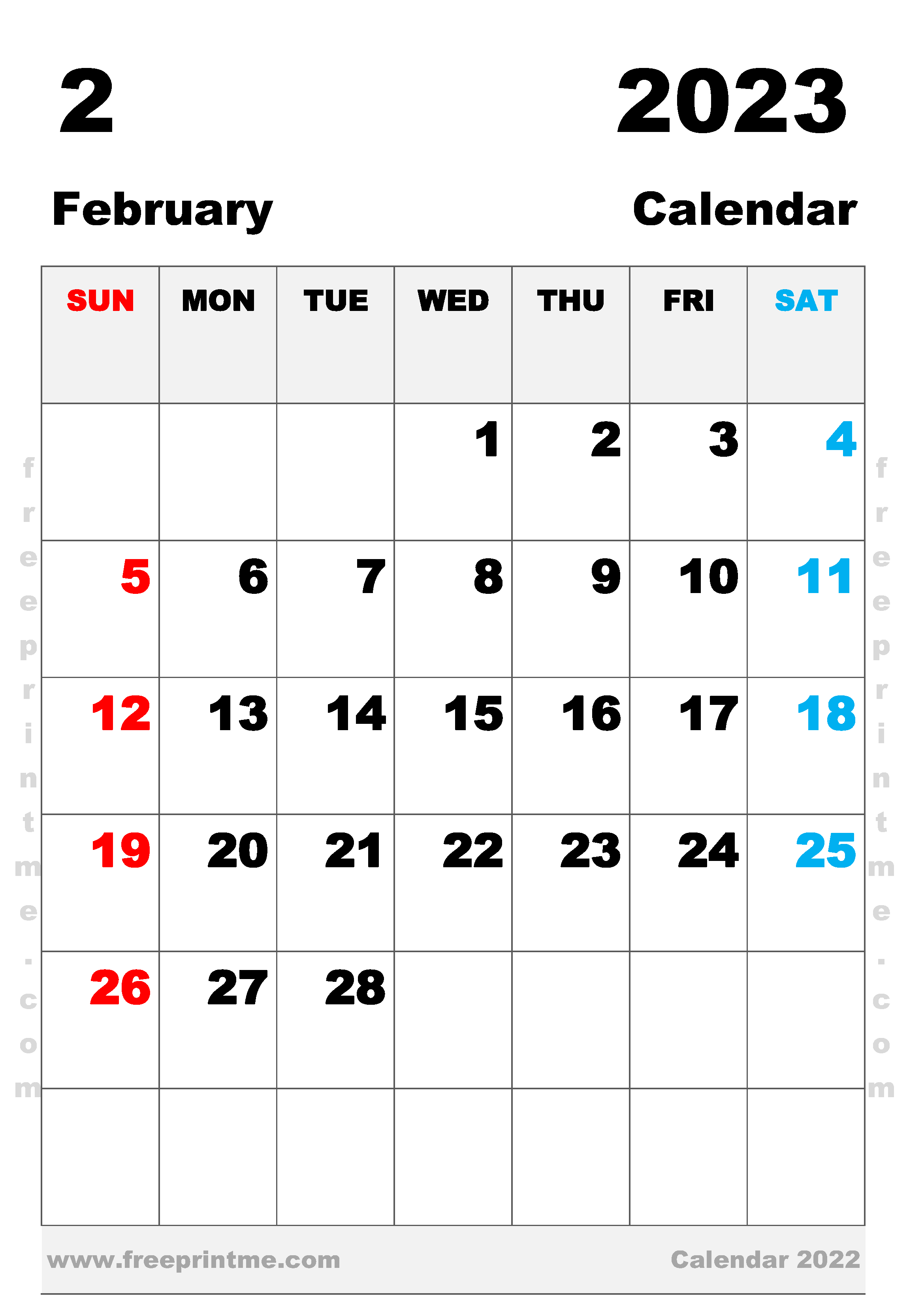 Free Printable February 2023 Calendar A3 Portrait
