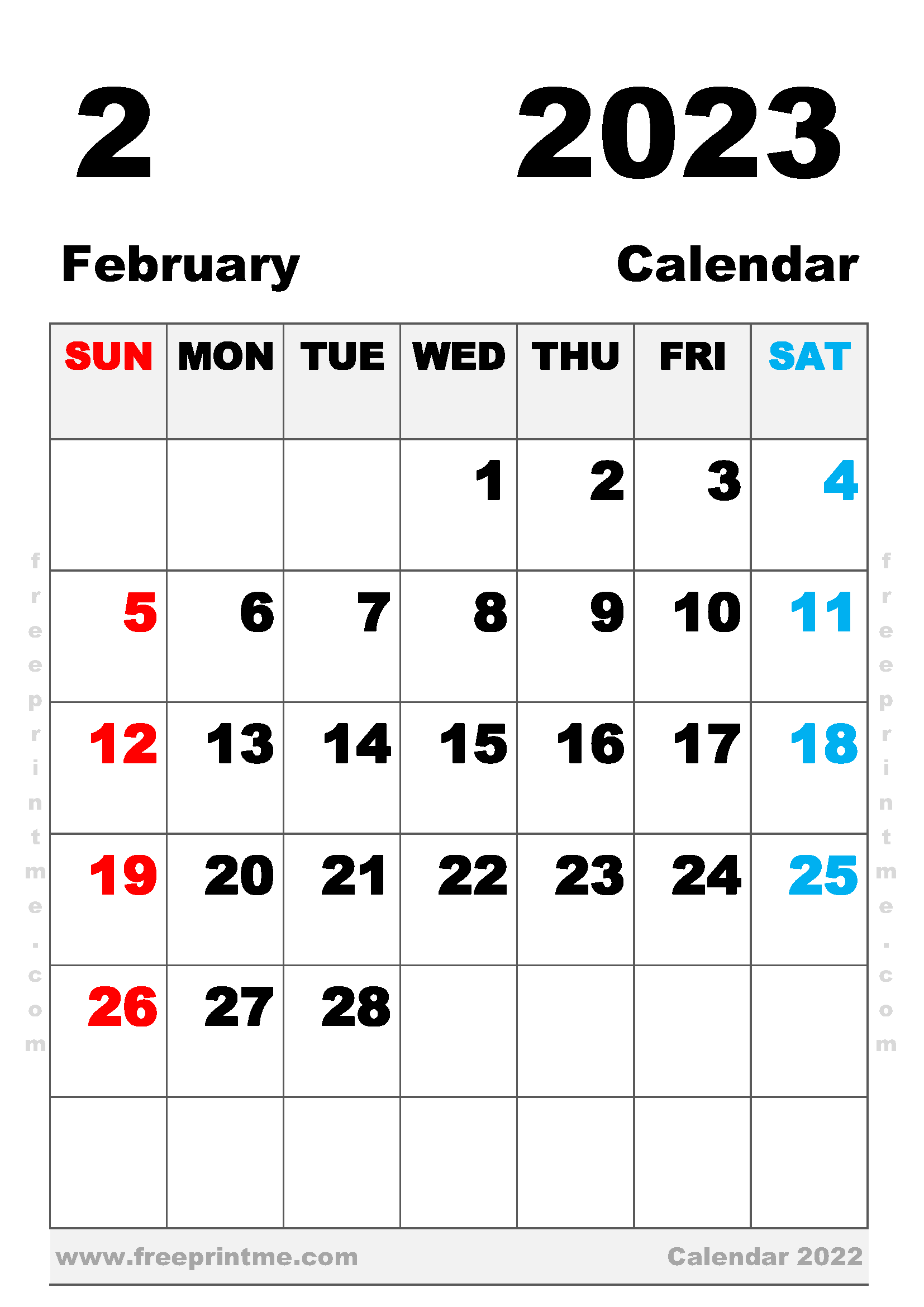 Printable February 2023 Calendar A4 Portrait
