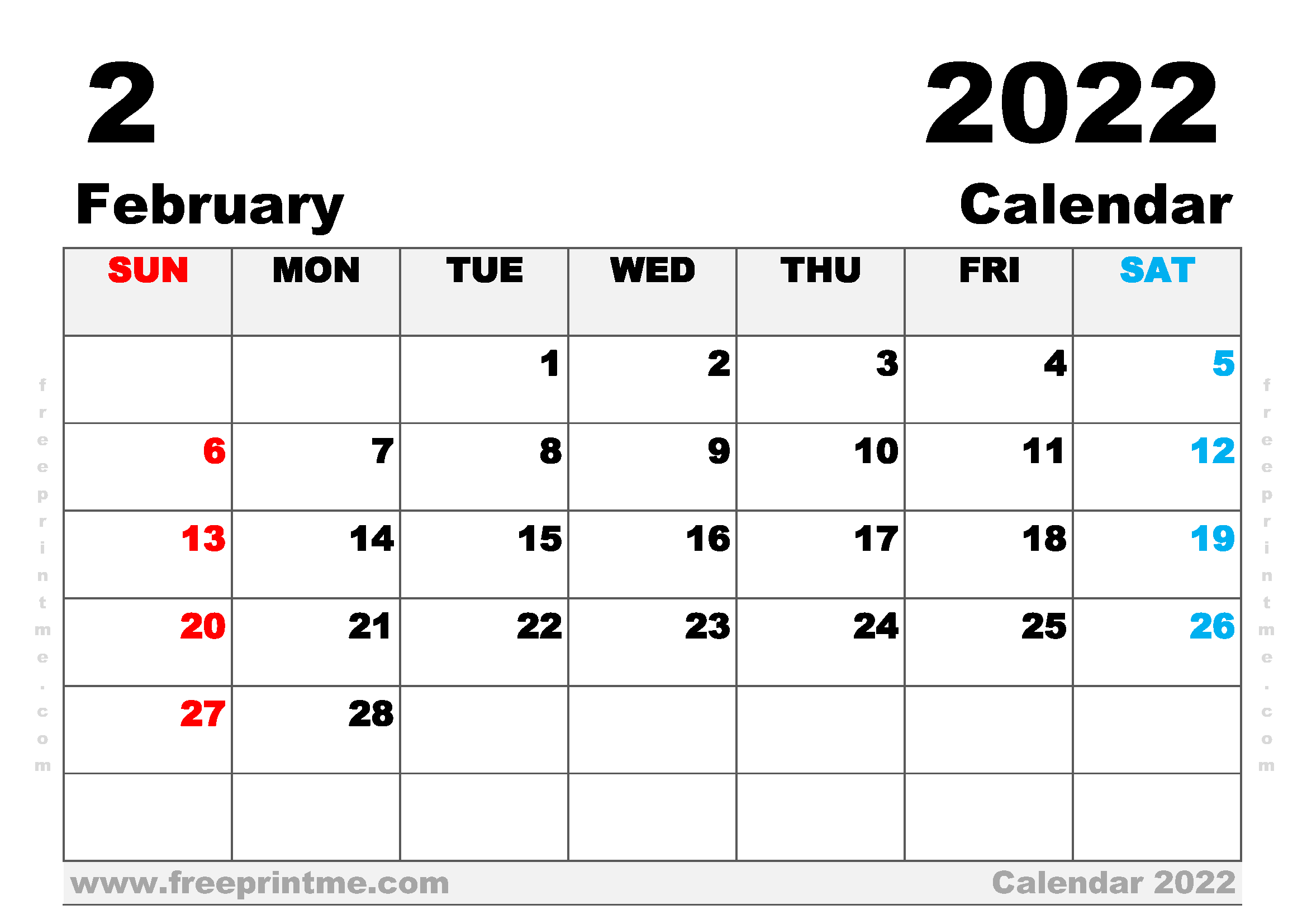 Printable Calendar February 2023 A4 Wide Landscape