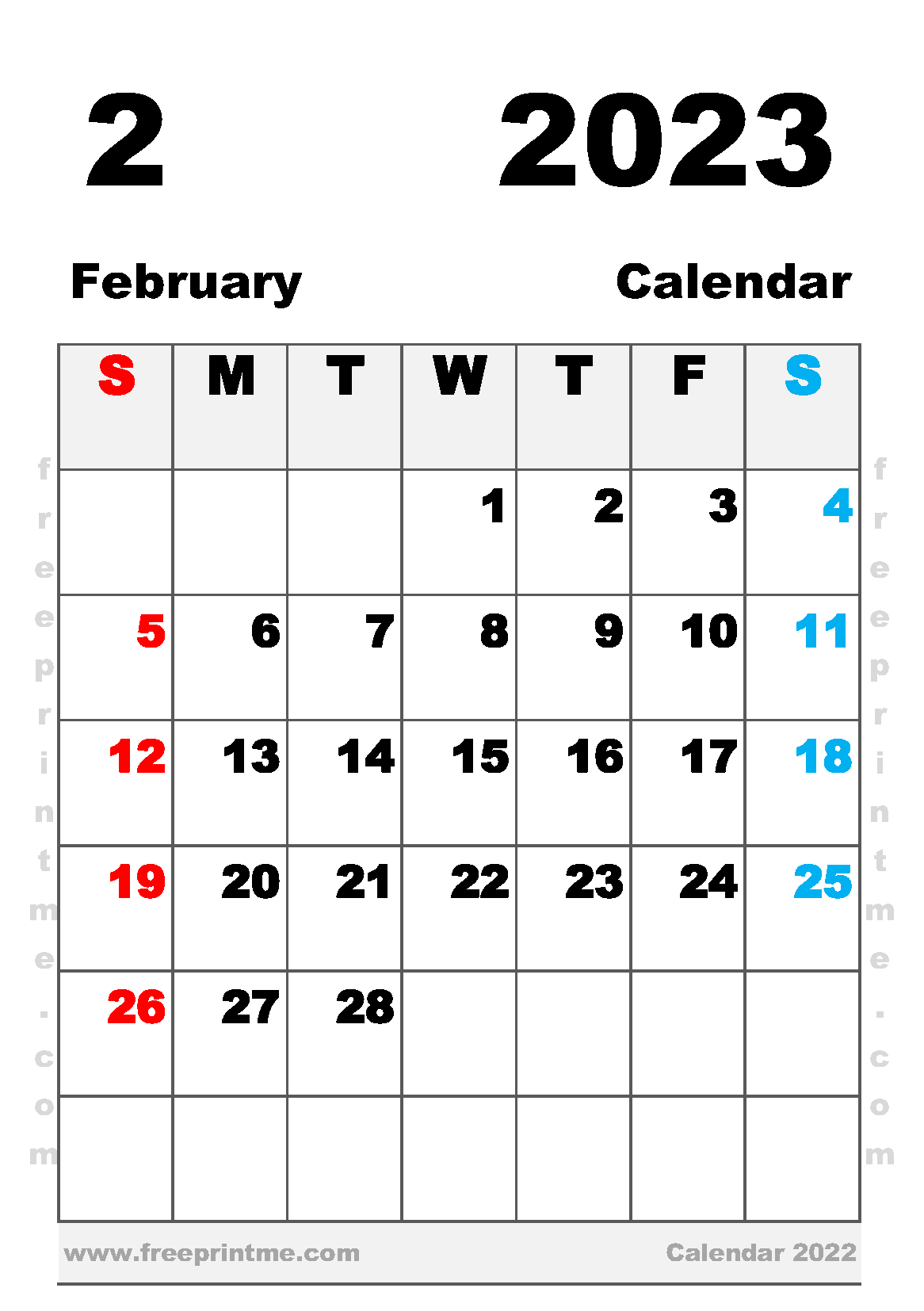 Free Printable February 2023 Calendar A5 Portrait