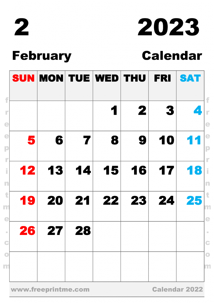 Free Printable February 2023 Calendar B4 Portrait