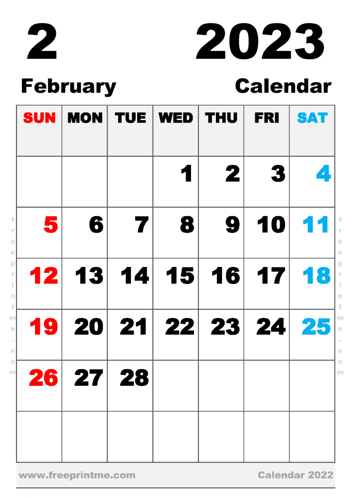 Free Printable February 2023 Calendar B5 Portrait