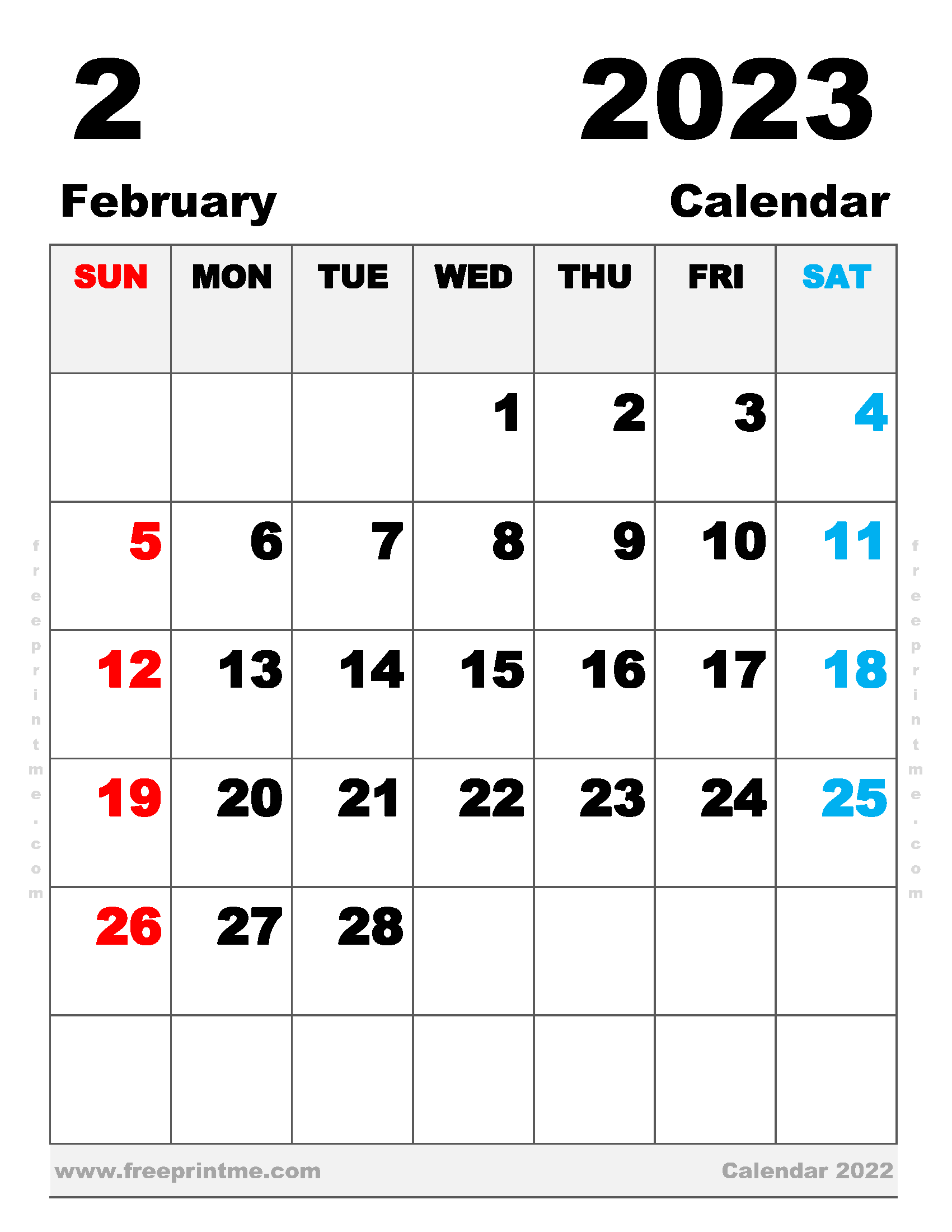 Free Printable February 2023 Calendar Letter Landscape