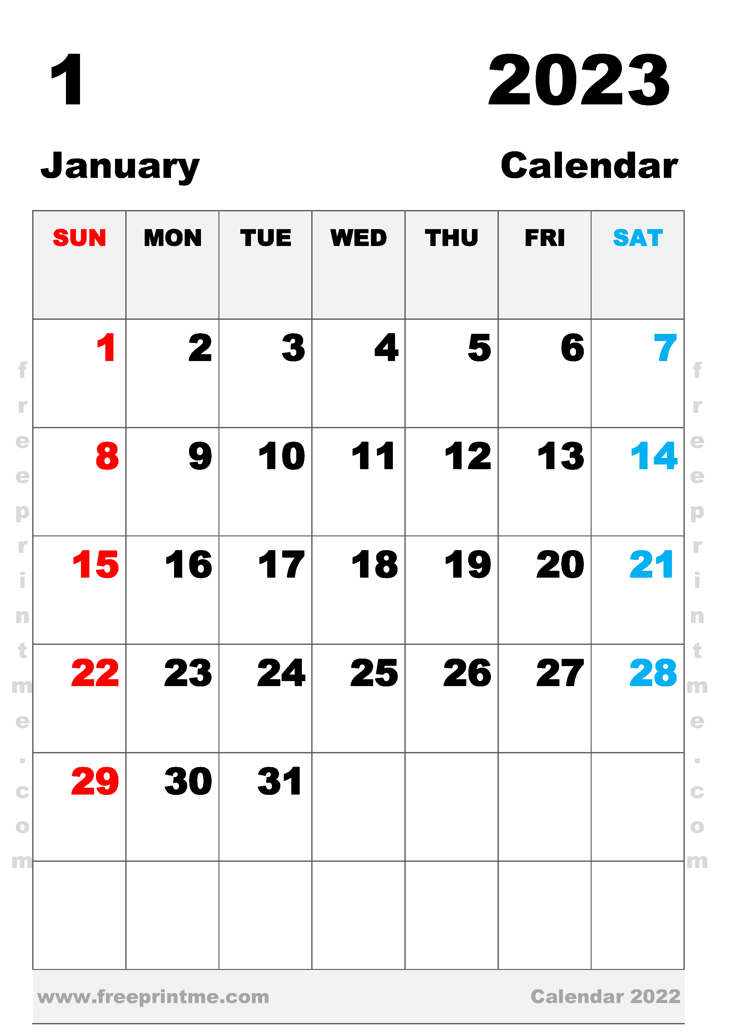 Free Printable January 2023 Calendar A3 Portrait