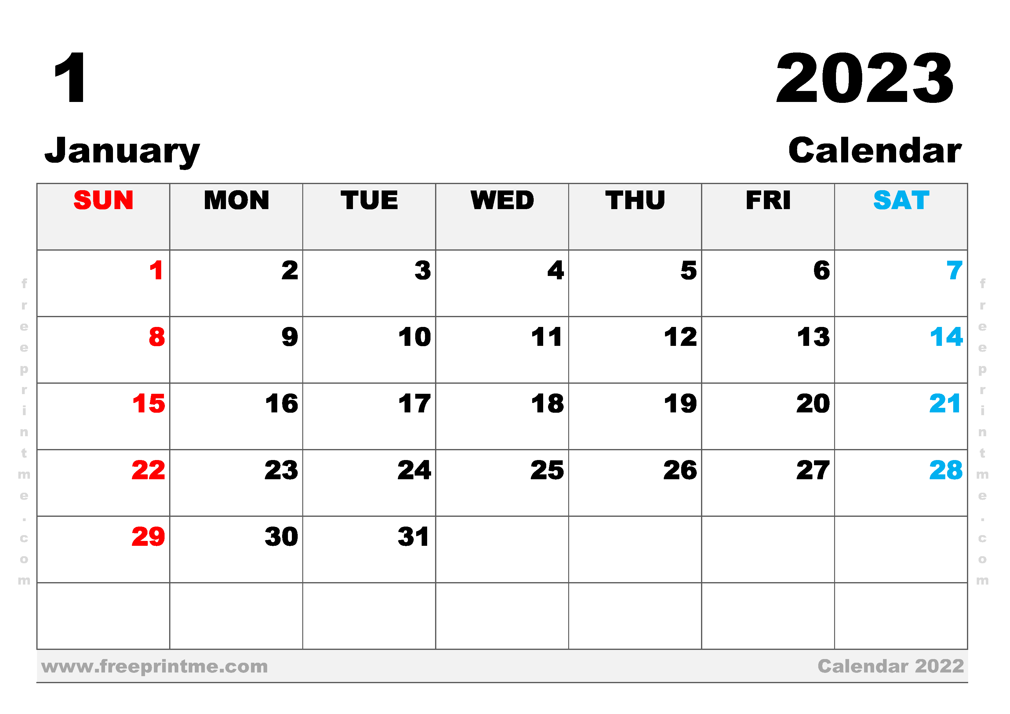 January 2023 Calendar Printable A3 Wide Landscape
