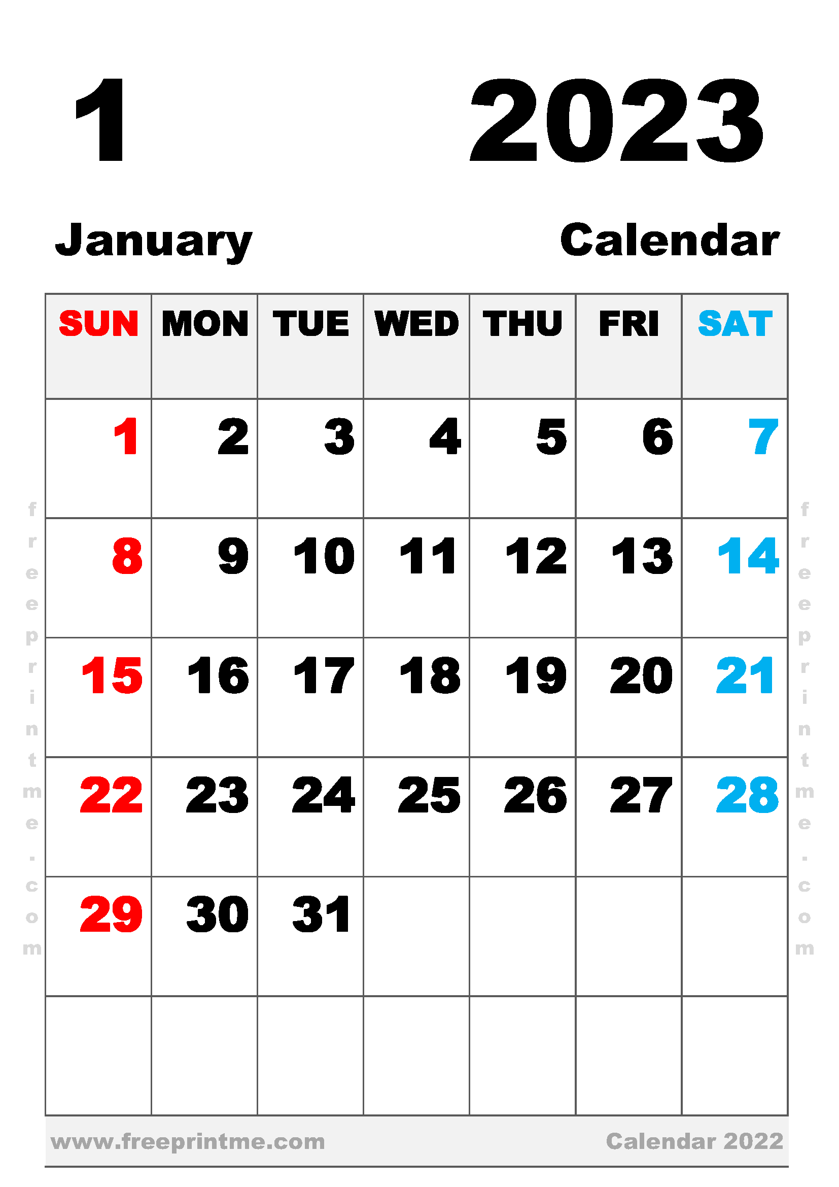 Printable January 2023 Calendar A4 Portrait