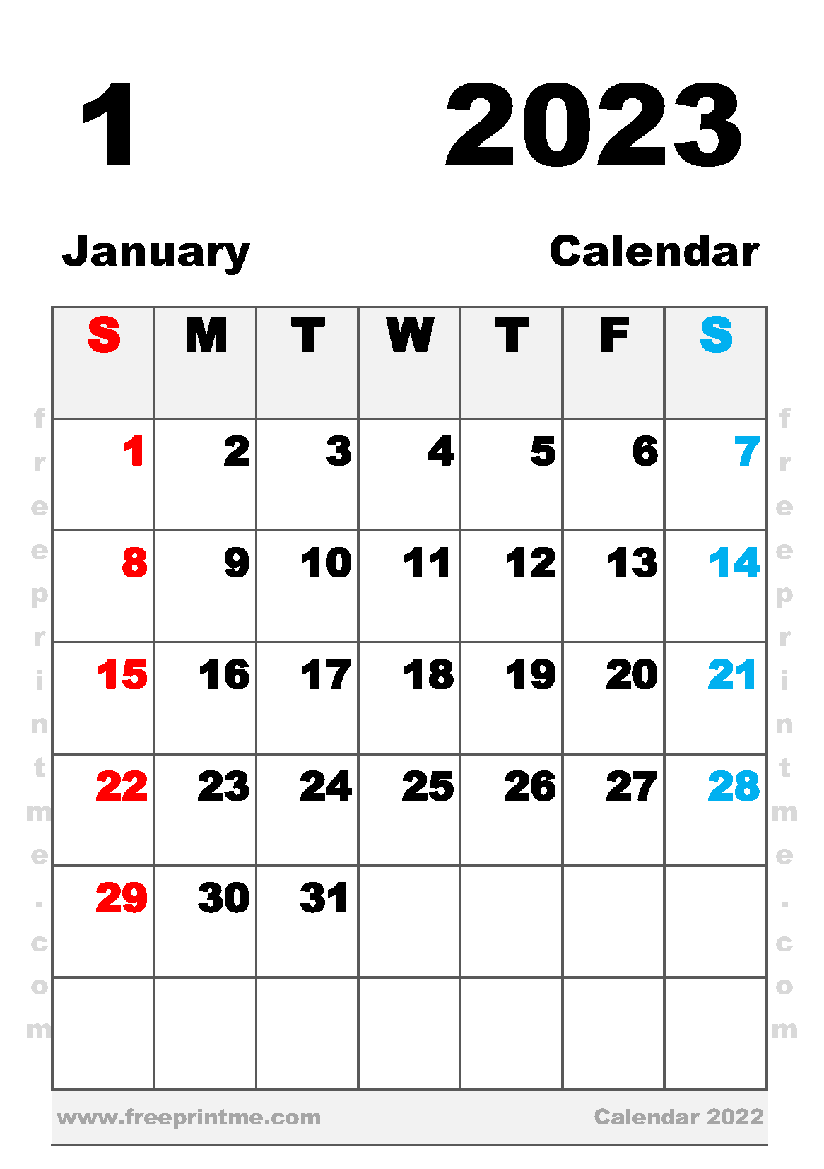 Free Printable January 2023 Calendar A5 Portrait