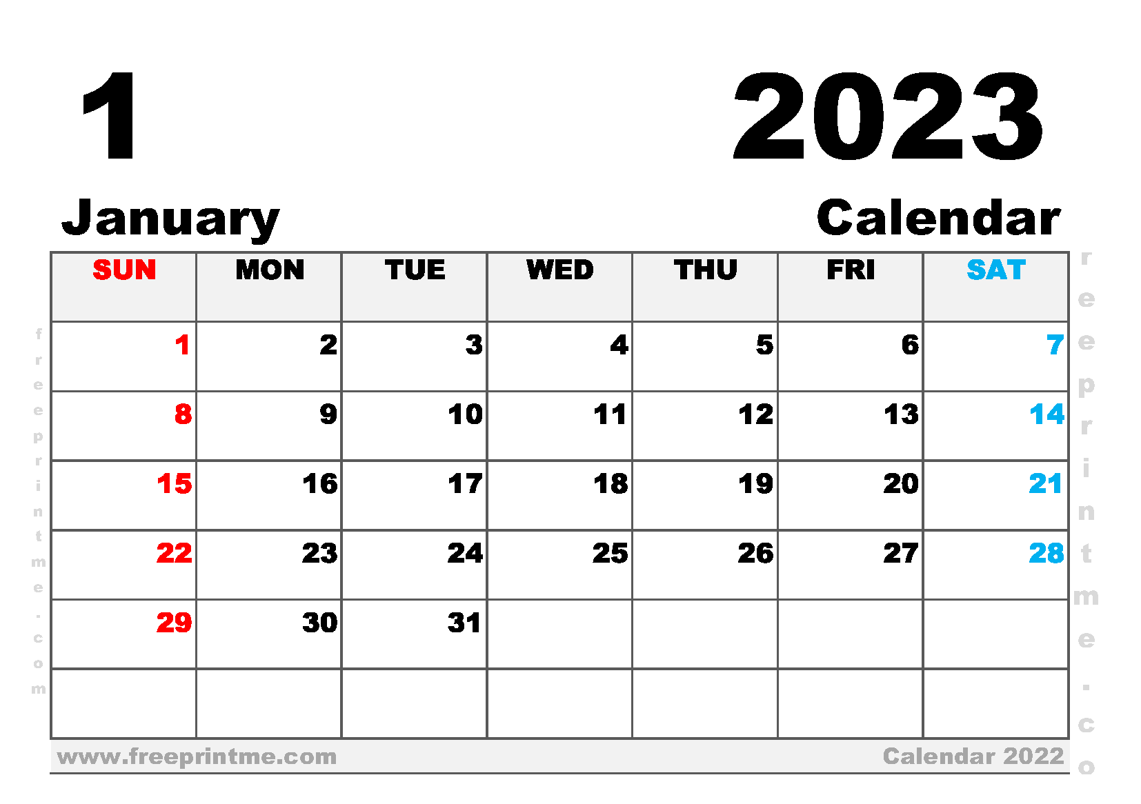 Free Printable January 2023 Calendar A5 Wide Landscape