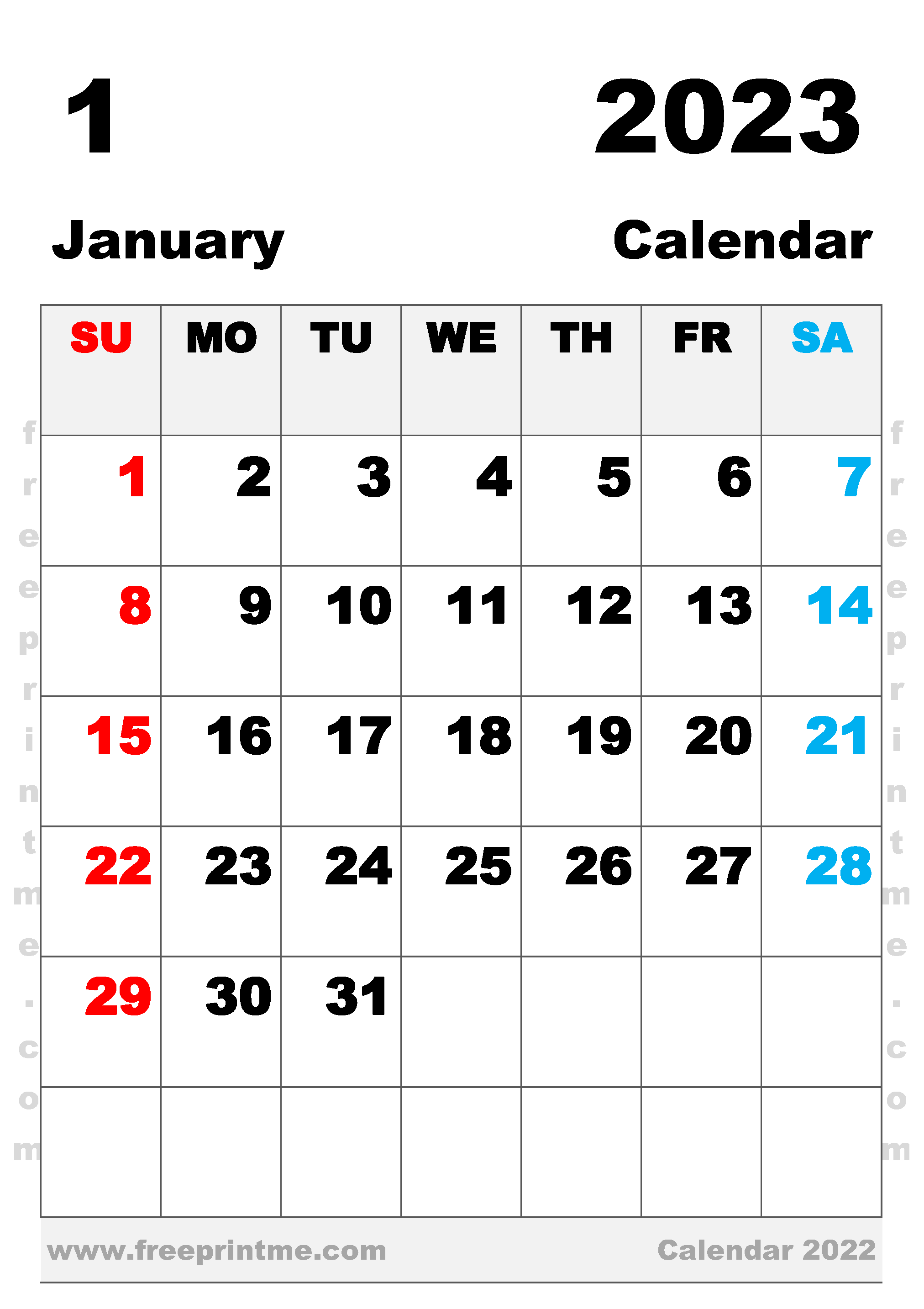 Free Printable January 2023 Calendar B4 Portrait