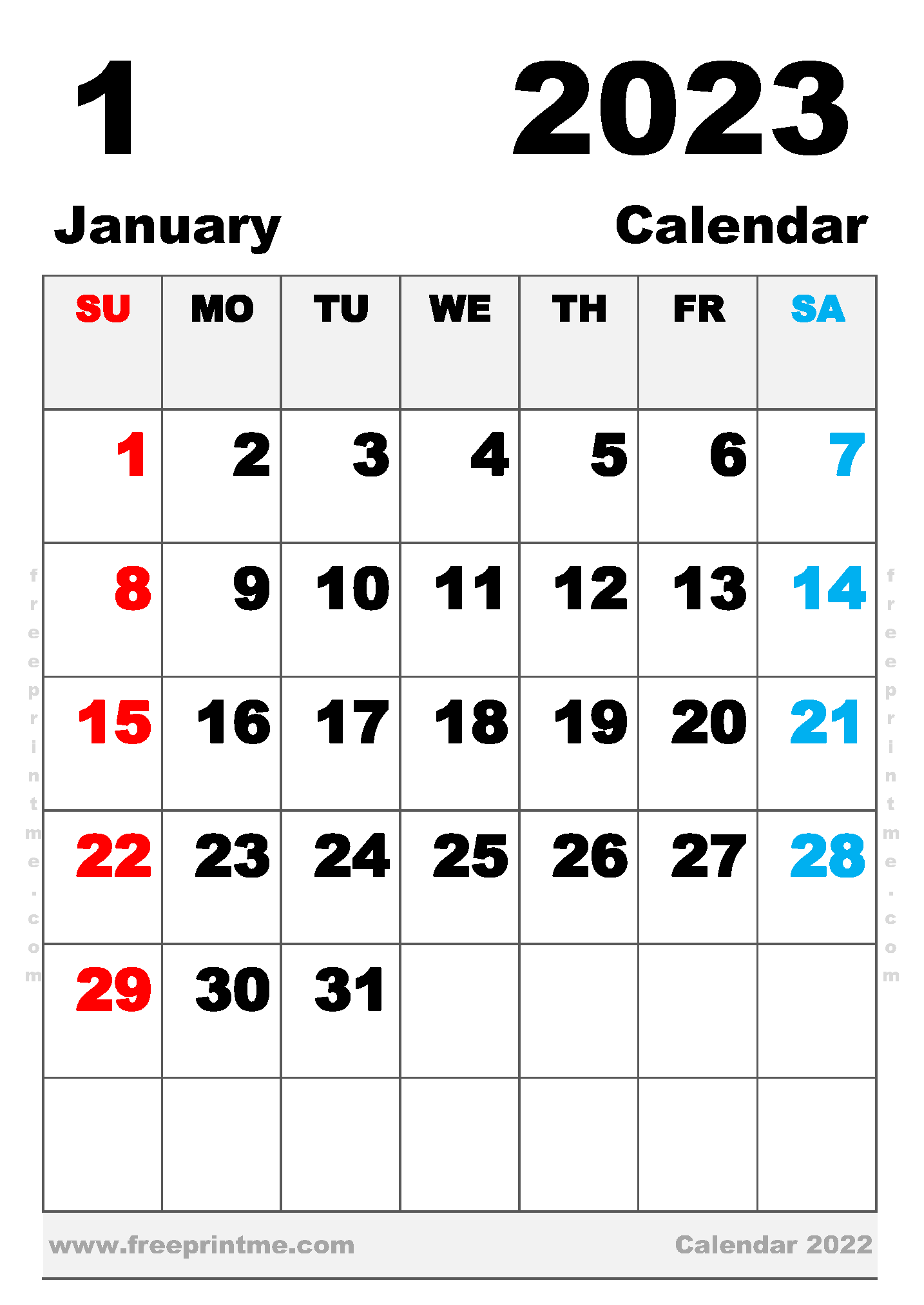 Free Printable January 2023 Calendar B5 Portrait