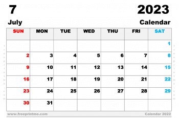 July 2023 Calendar Printable A3 Wide Landscape