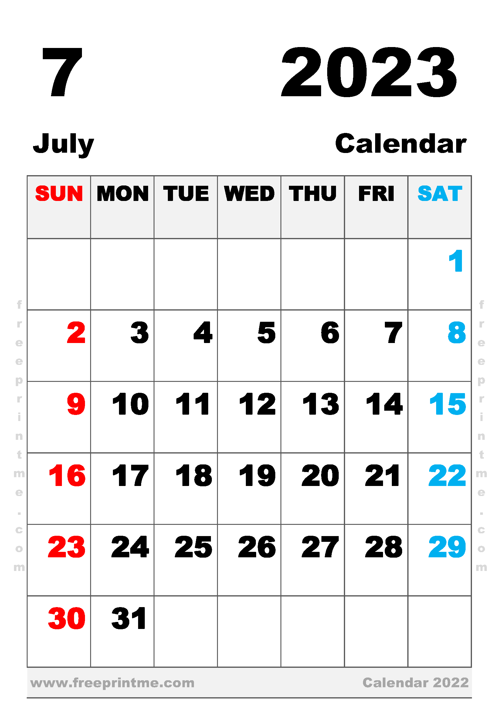 Printable July 2023 Calendar A4 Portrait