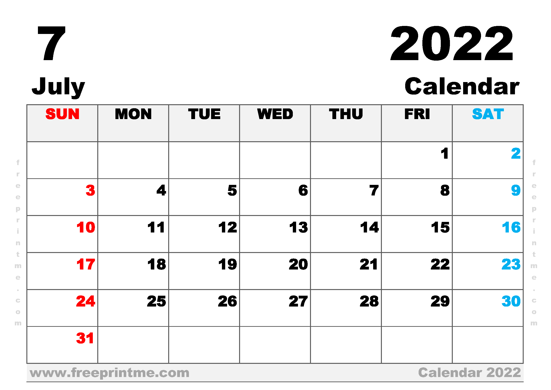 Printable Calendar July 2023 A4 Wide Landscape