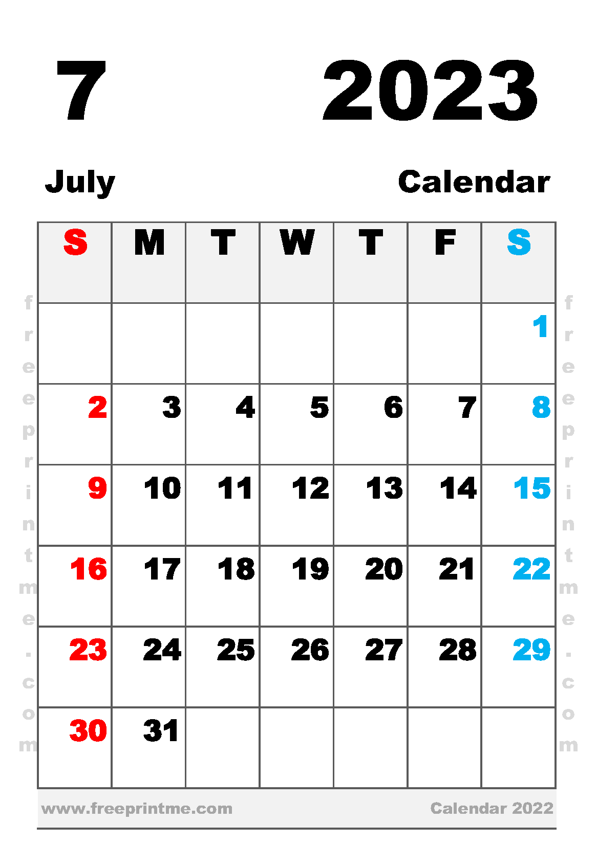 Free Printable July 2023 Calendar A5 Portrait