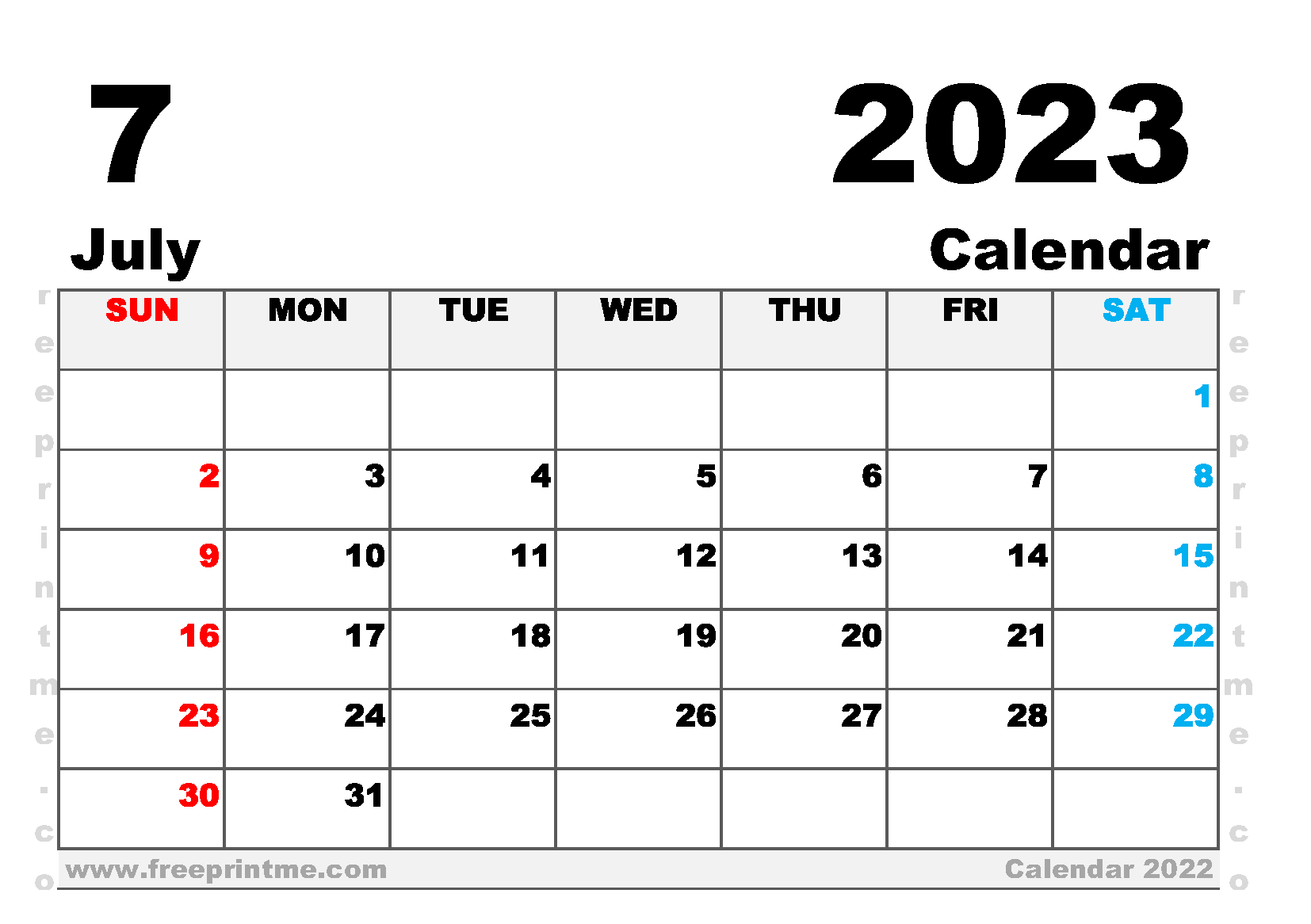 Free Printable July 2023 Calendar A5 Wide Landscape