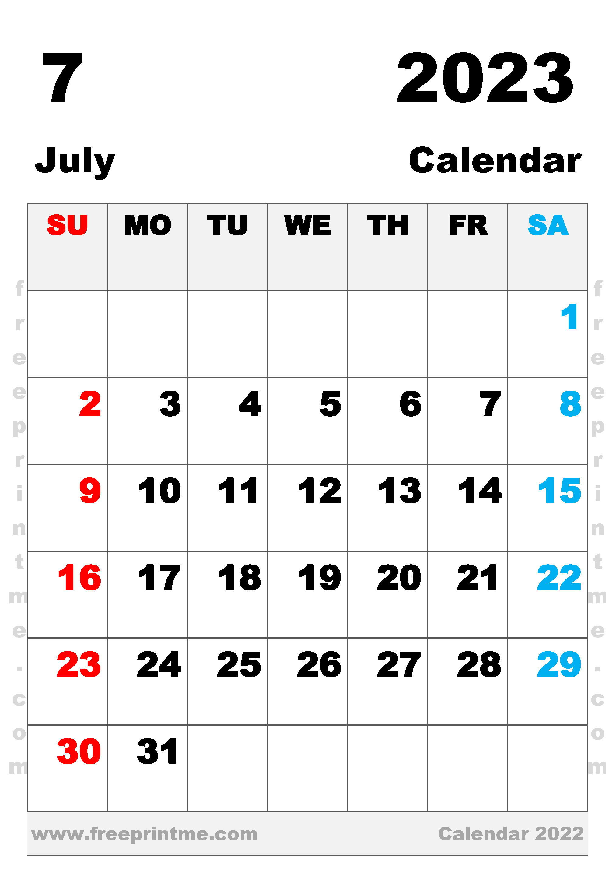 Free Printable July 2023 Calendar B4 Portrait