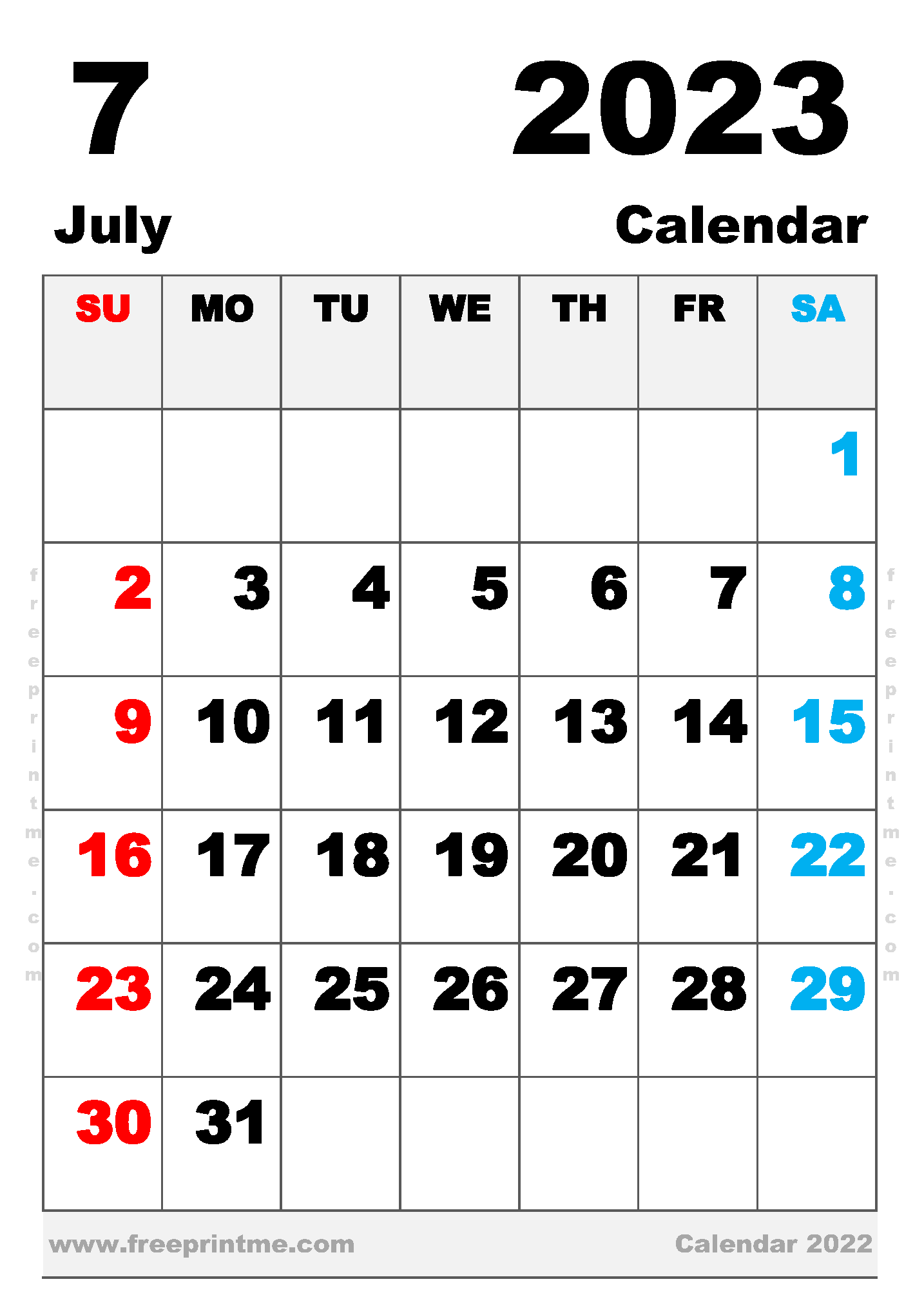 Free Printable July 2023 Calendar B5 Portrait