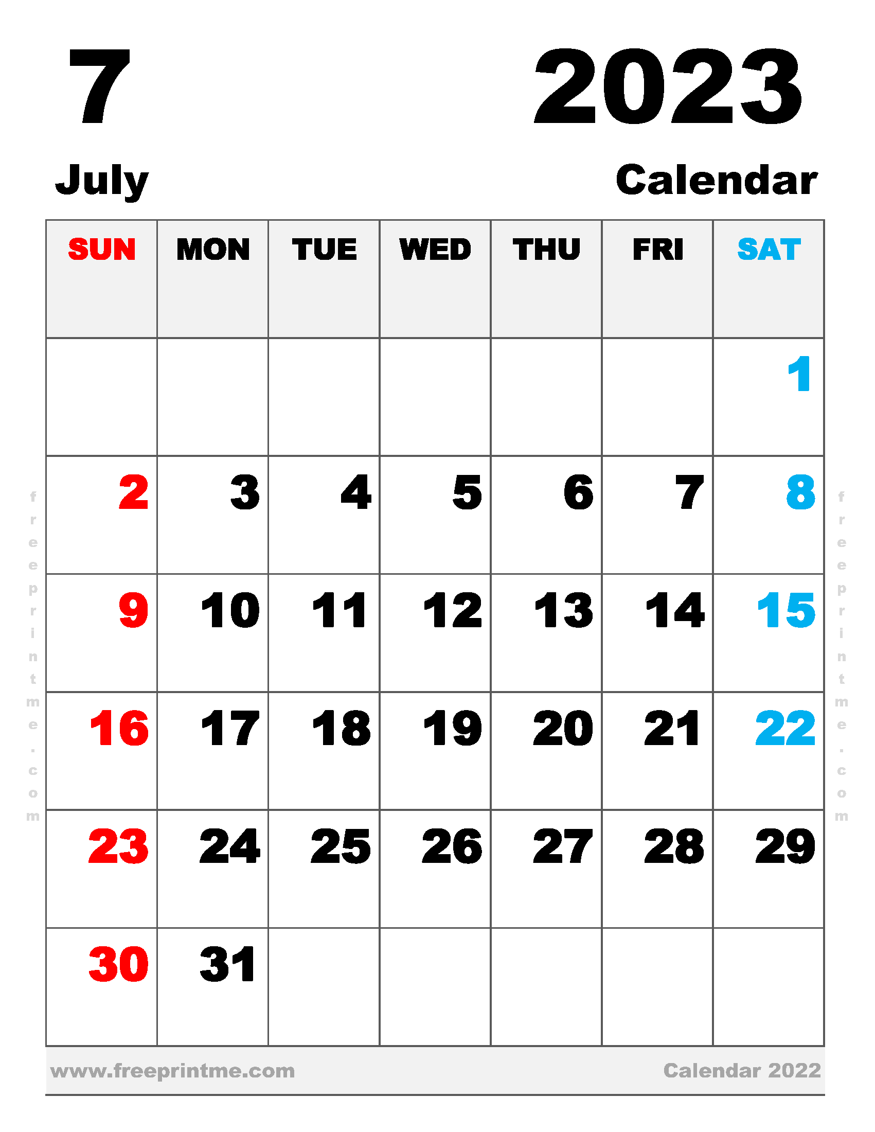 Free Printable July 2023 Calendar Letter Landscape
