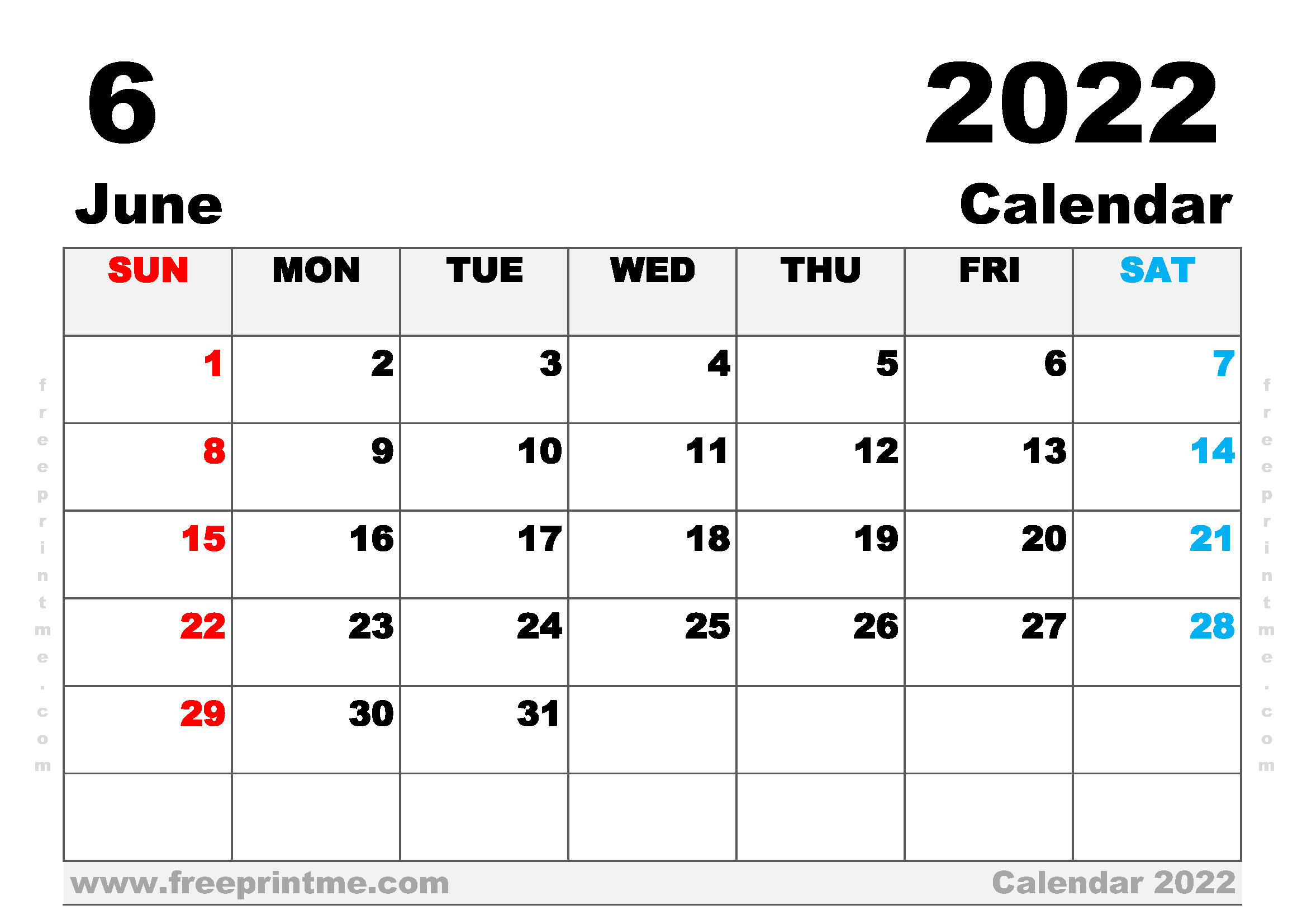 Printable Calendar June 2023 A4 Wide Landscape