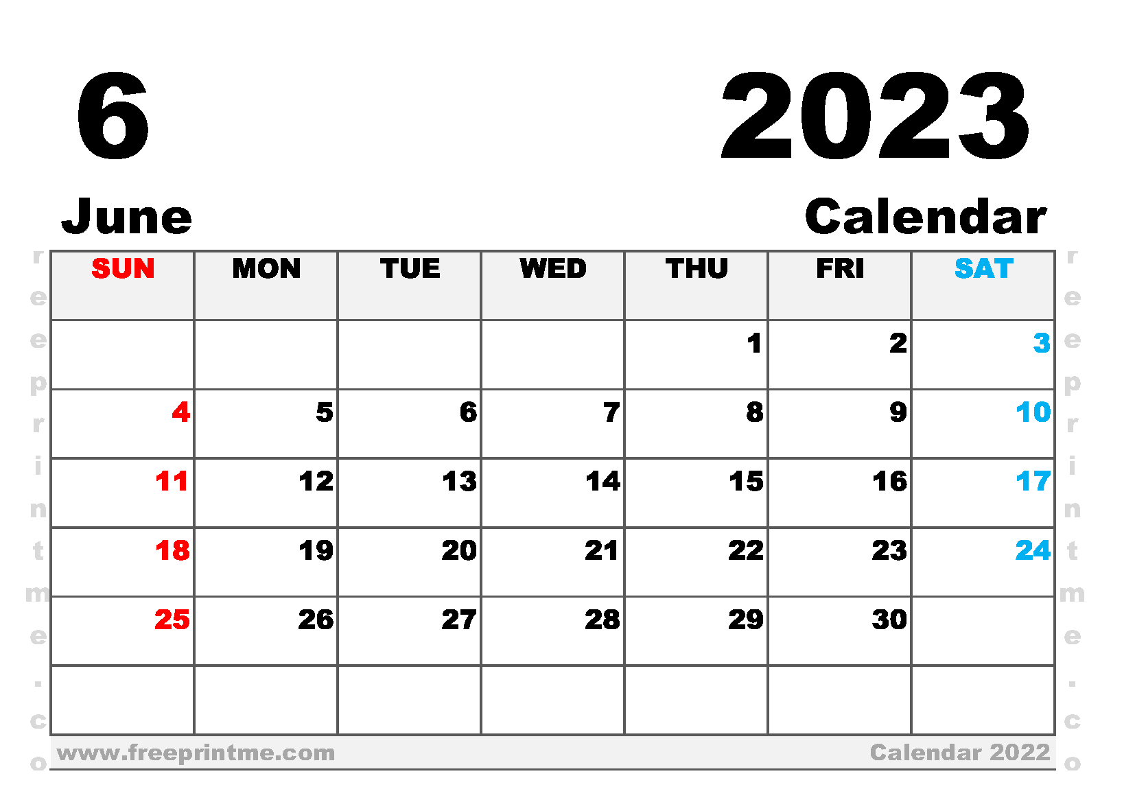Free Printable June 2023 Calendar A5 Wide Landscape