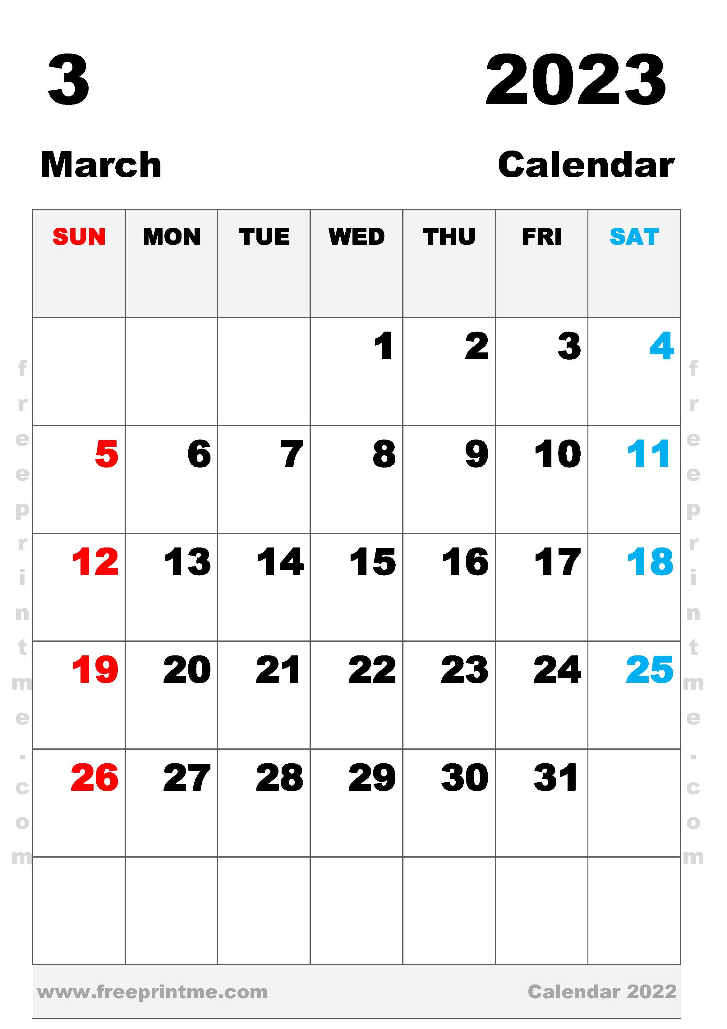 Free Printable March 2023 Calendar A3 Portrait