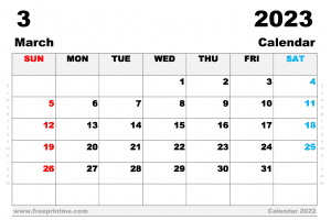 March 2023 Calendar Printable A3 Wide Landscape
