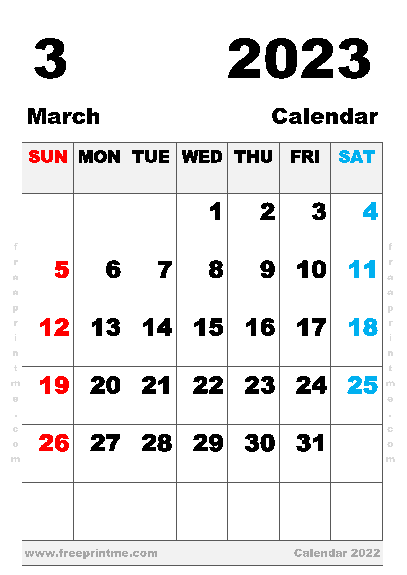Printable March 2023 Calendar A4 Portrait