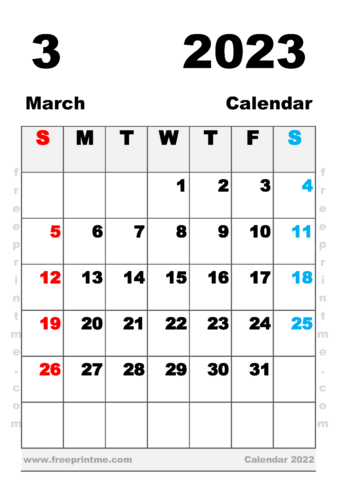 Free Printable March 2023 Calendar A5 Portrait