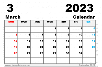 Free Printable March 2023 Calendar A5 Wide Landscape