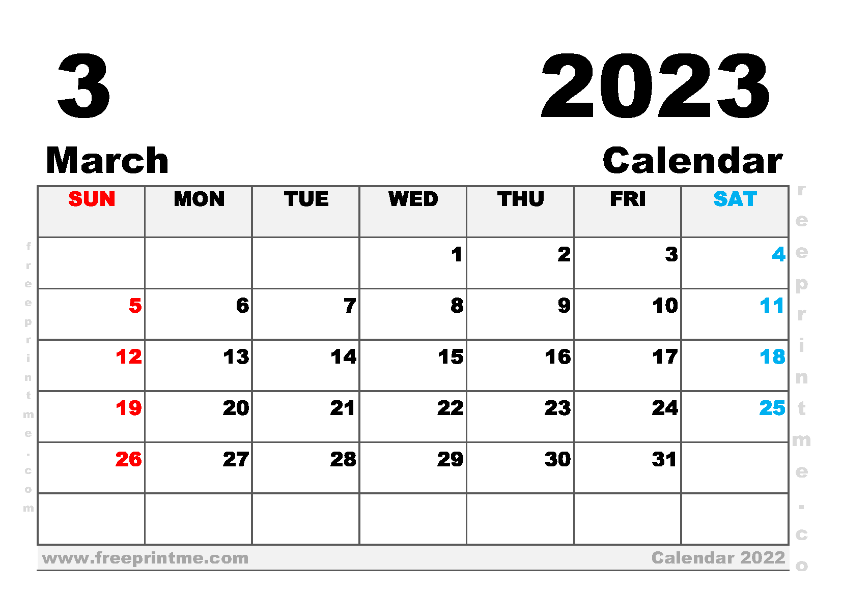 Free Printable March 2023 Calendar A5 Wide Landscape