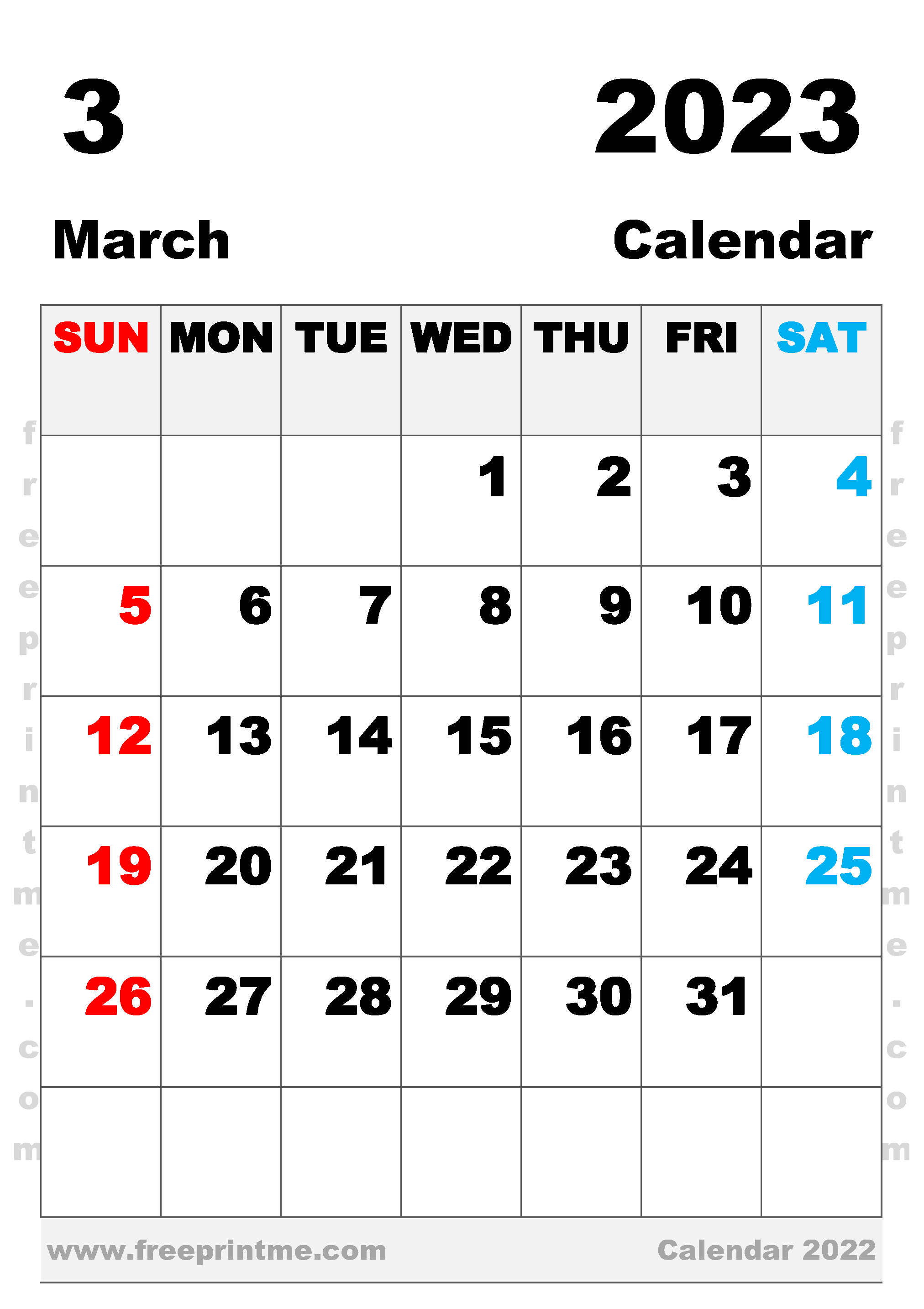Free Printable March 2023 Calendar B4 Portrait