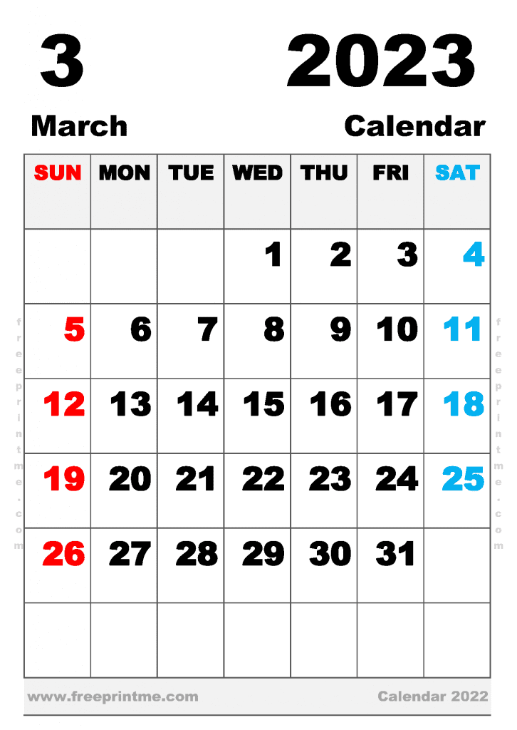 Free Printable March 2023 Calendar B5 Portrait