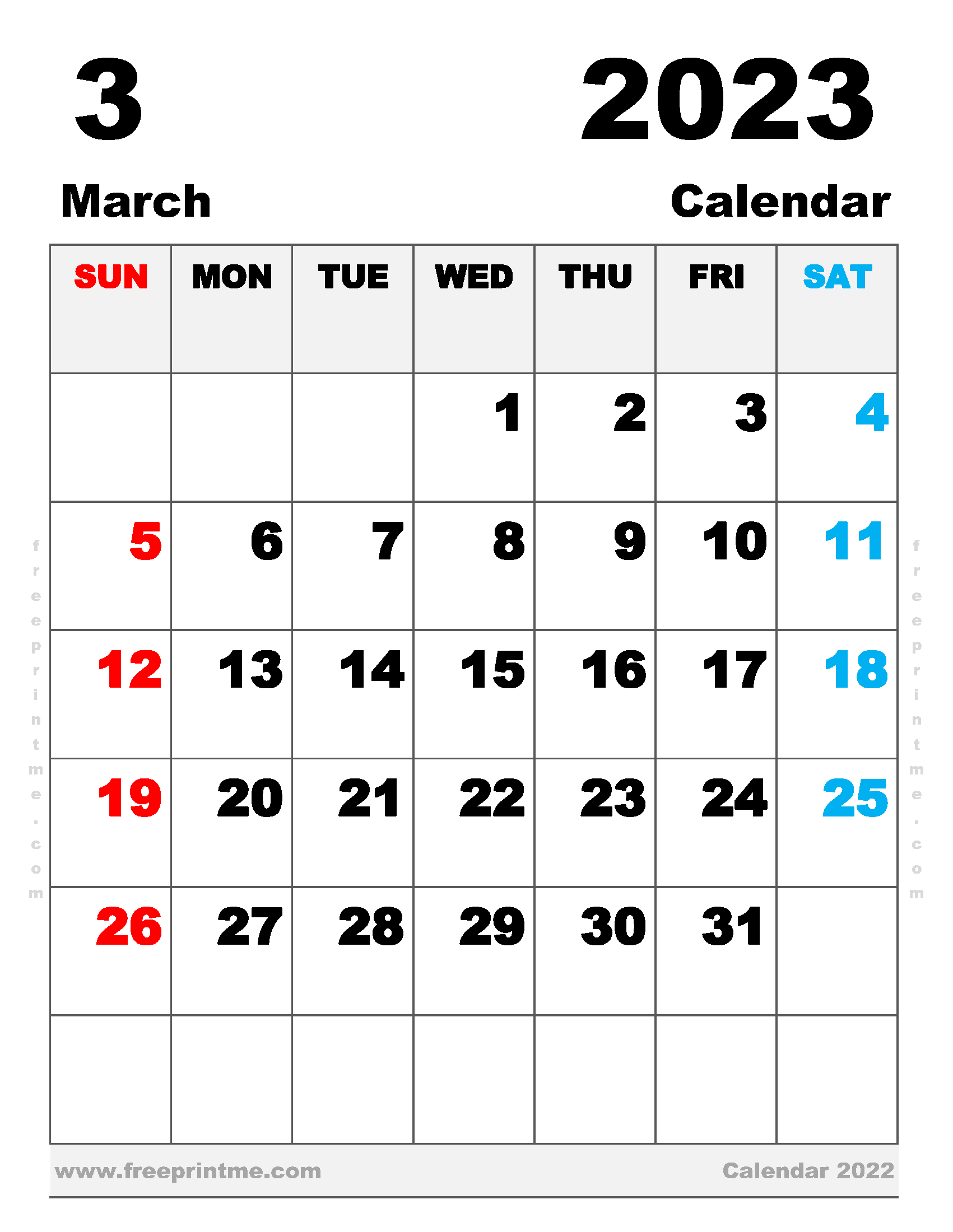 Free Printable March 2023 Calendar Letter Landscape