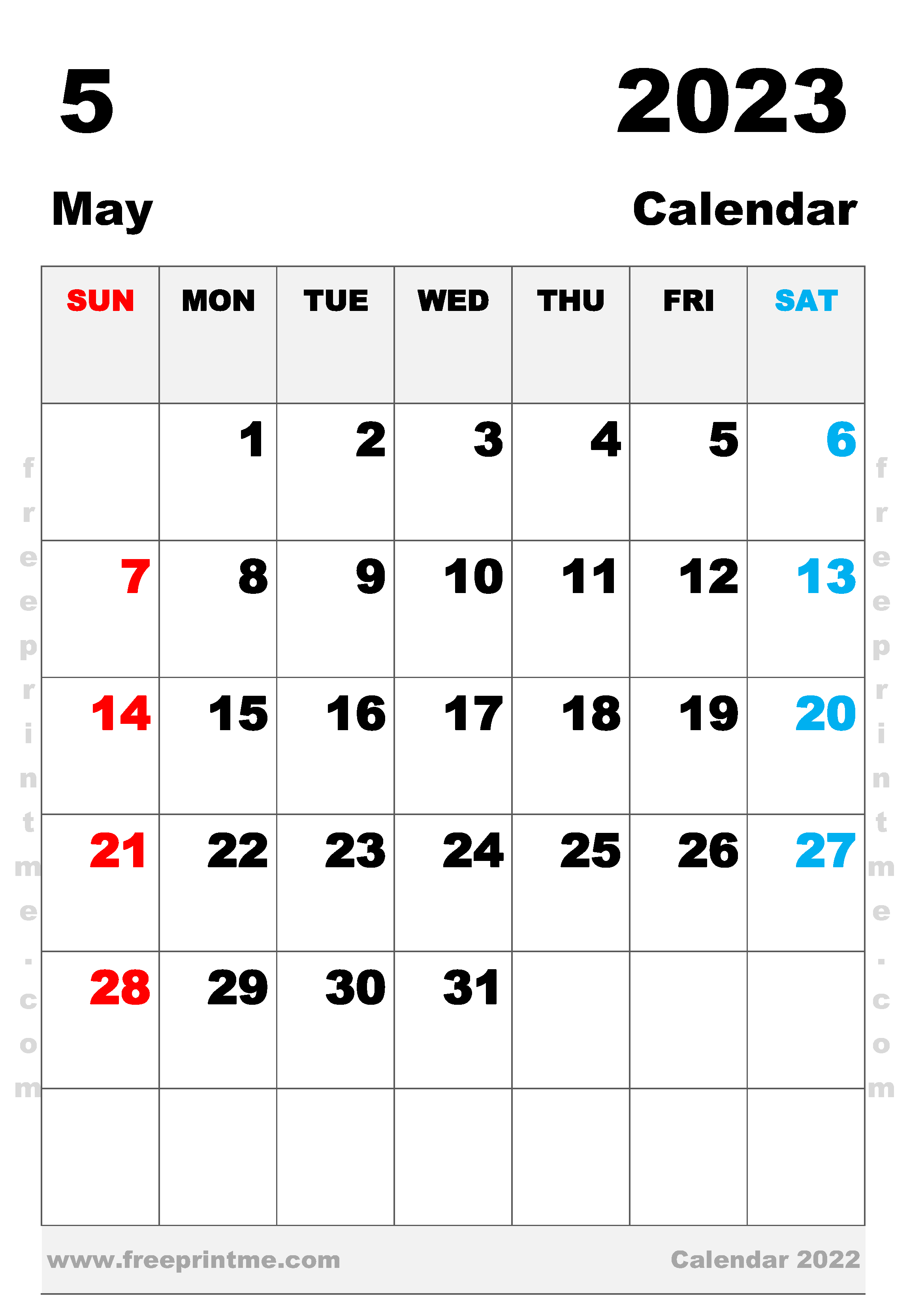 Free Printable May 2023 Calendar A3 Portrait