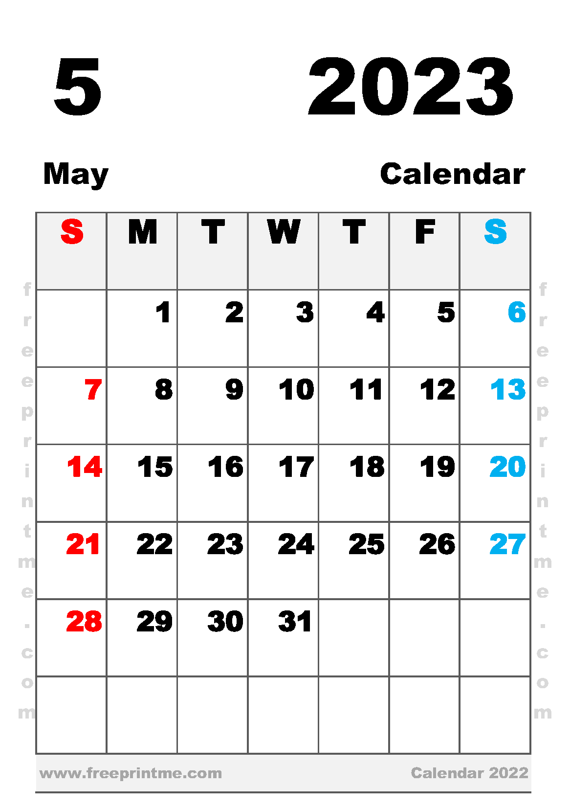Free Printable May 2023 Calendar A5 Portrait
