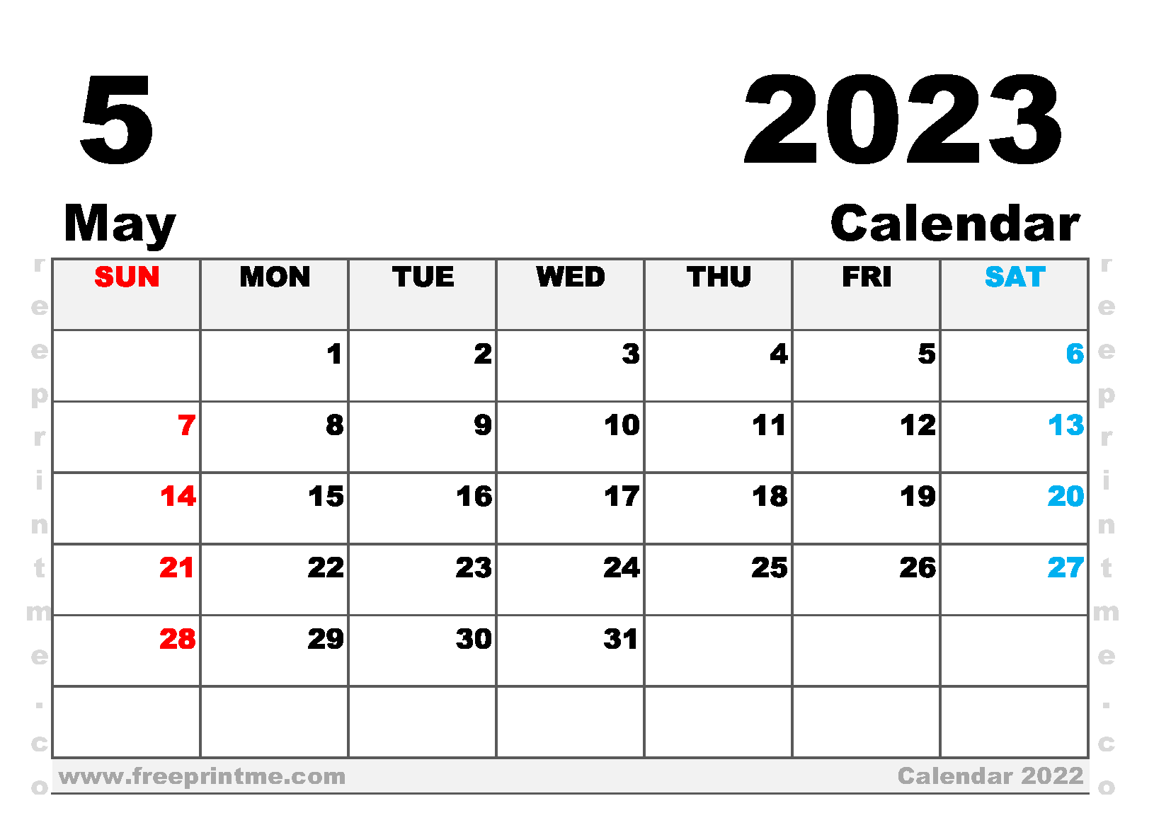 Free Printable May 2023 Calendar A5 Wide Landscape