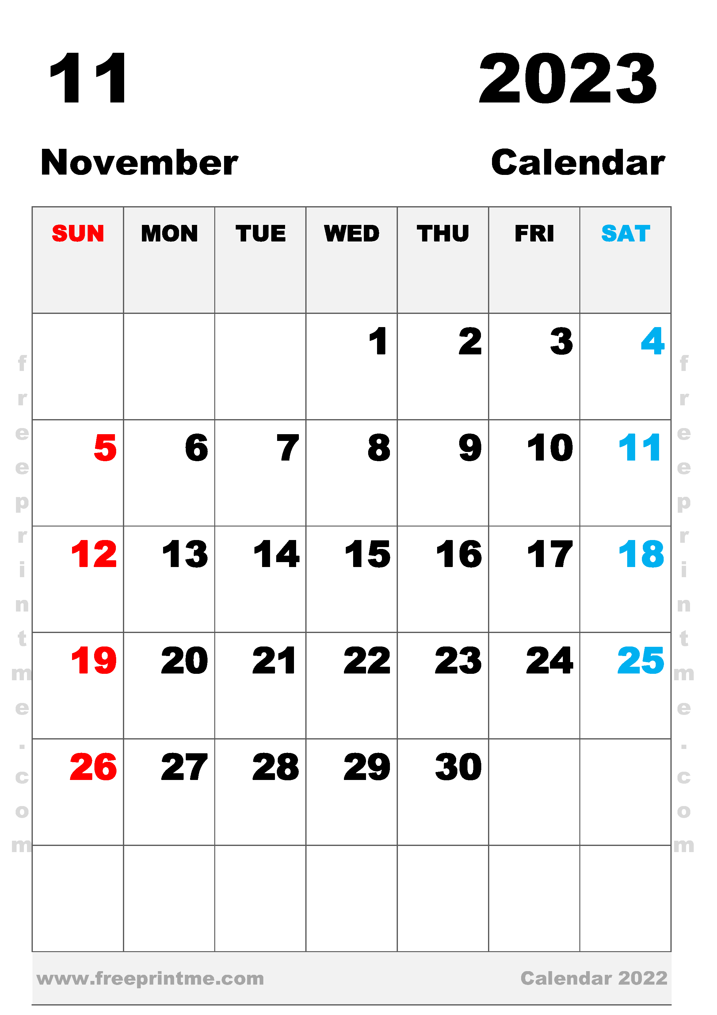 Free Printable November 2023 Calendar A3 Portrait