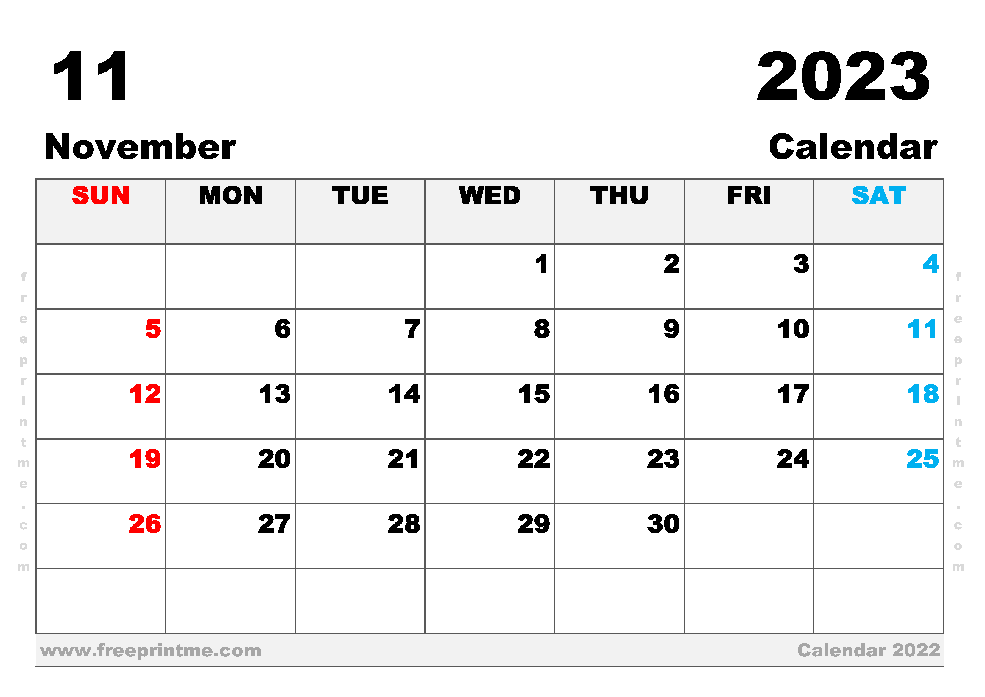 November 2023 Calendar Printable A3 Wide Landscape