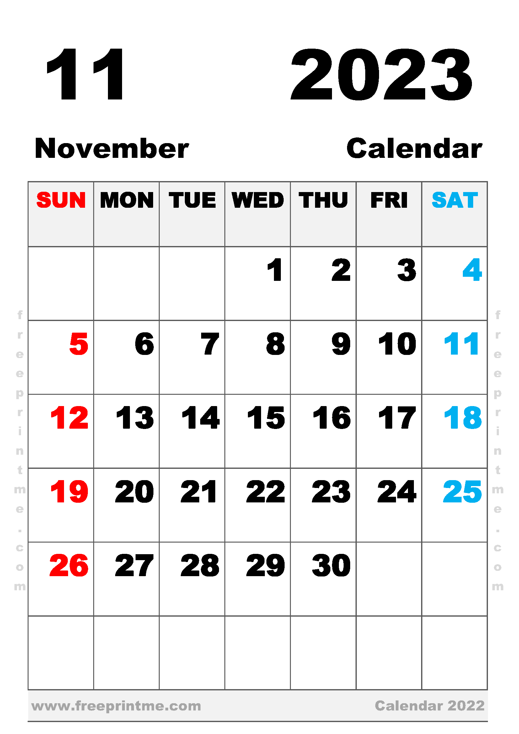 Printable November 2023 Calendar A4 Portrait